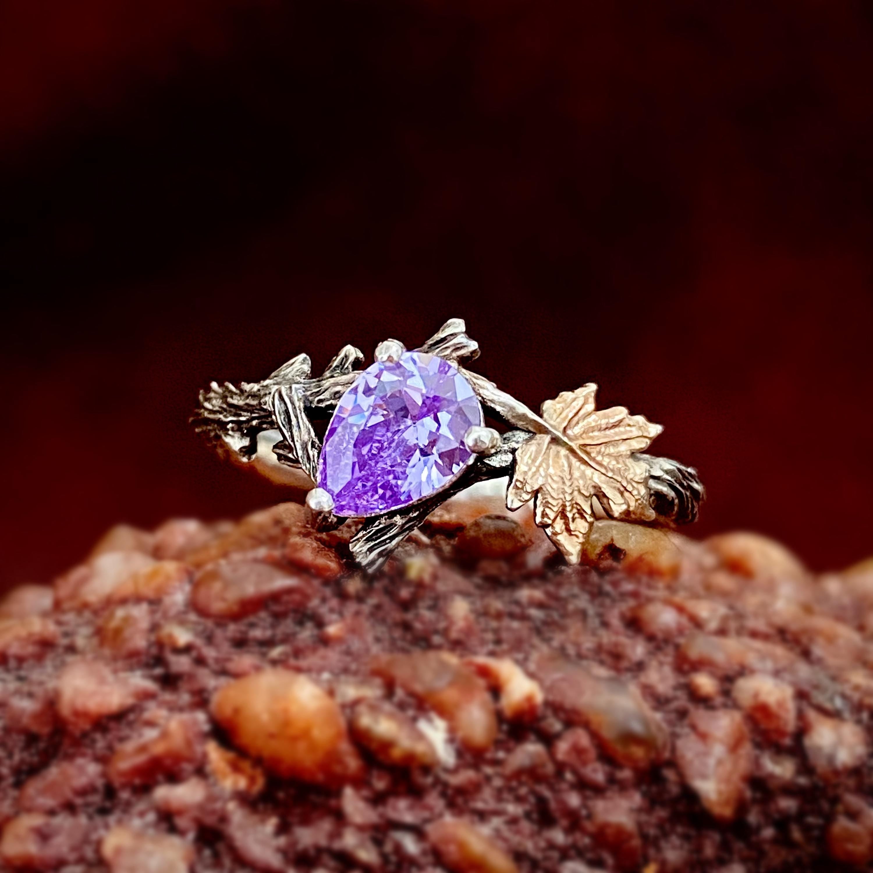 Natural amethyst branch wedding ring, S925 sterling silver maple leaf ring, hand-carved bark ring, birthstone ring, twig silver ring