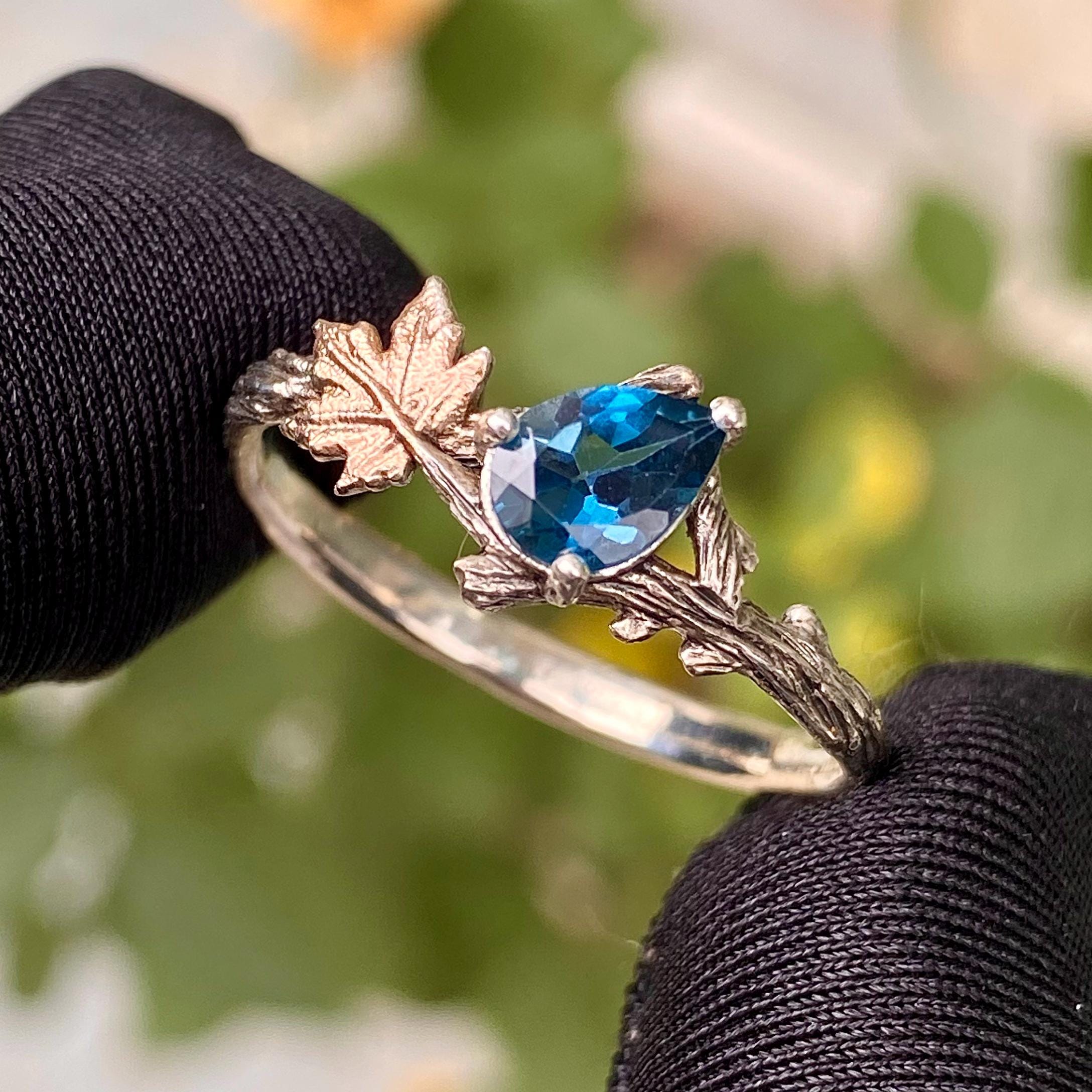 Natural London blue topaz branch silver ring, S925 sterling silver maple leaf wedding ring, gemstone custom ring, branch ring with stone