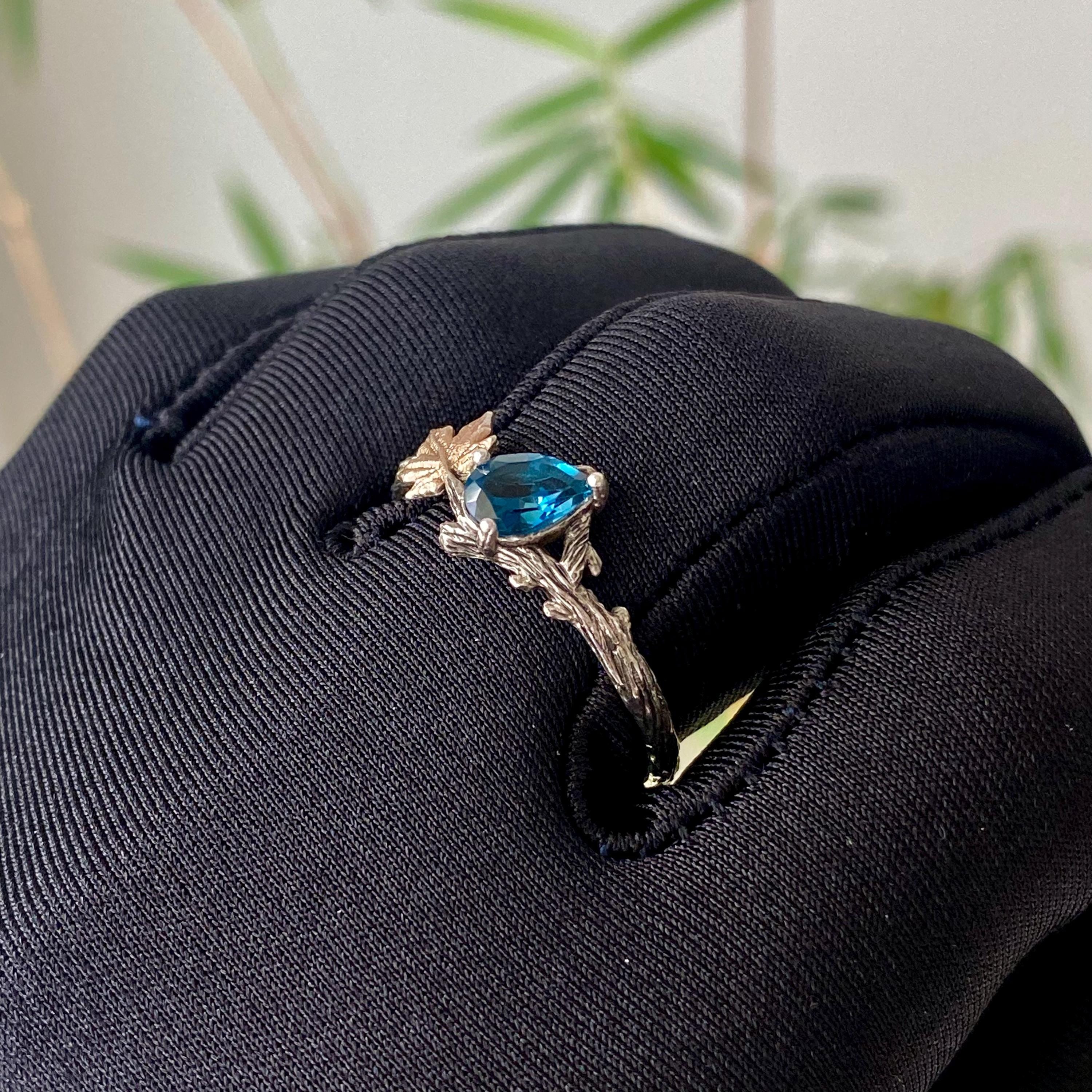 Natural London blue topaz branch silver ring, S925 sterling silver maple leaf wedding ring, gemstone custom ring, branch ring with stone