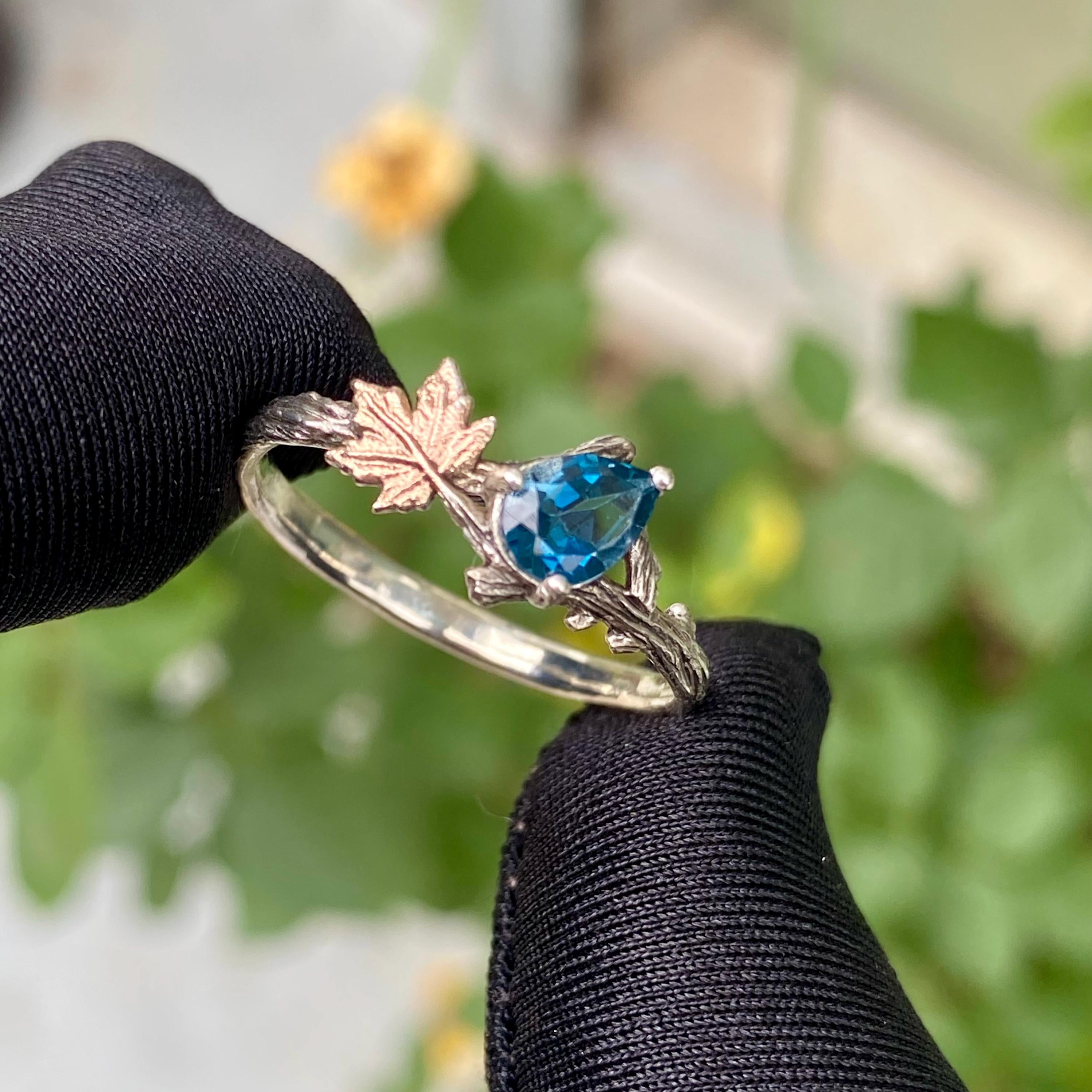 Natural London blue topaz branch silver ring, S925 sterling silver maple leaf wedding ring, gemstone custom ring, branch ring with stone