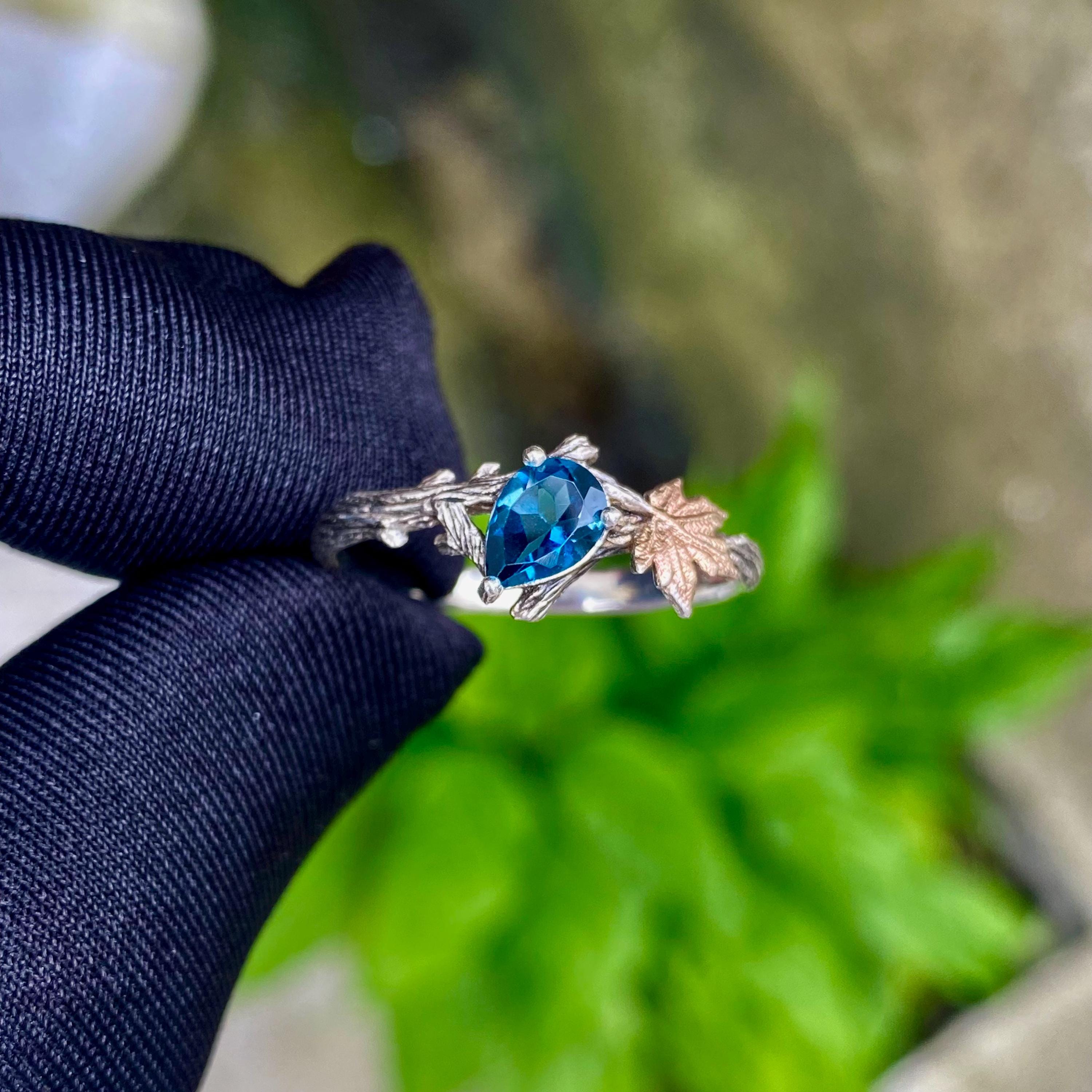 Natural London blue topaz branch silver ring, S925 sterling silver maple leaf wedding ring, gemstone custom ring, branch ring with stone