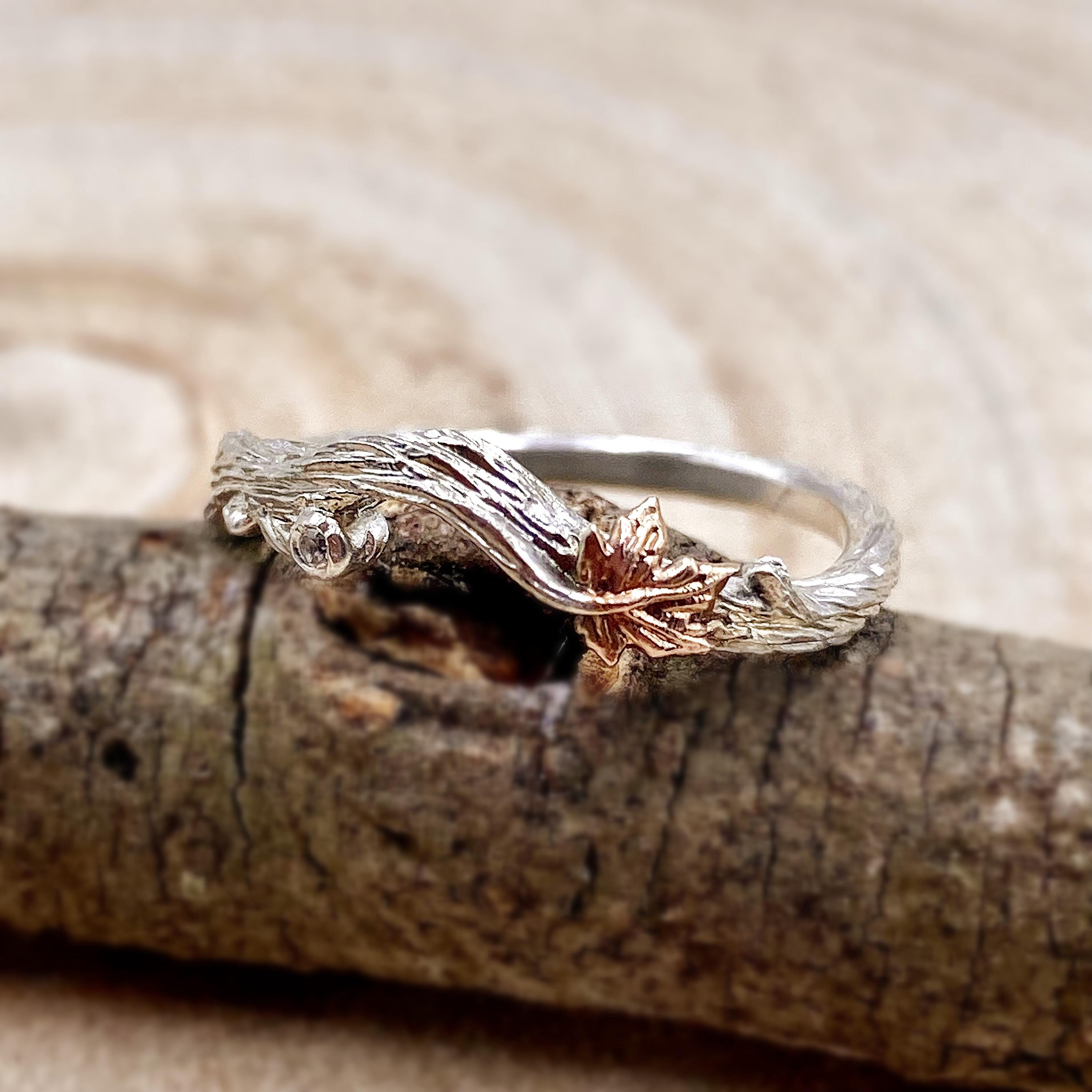 Hand-Carved Sterling Silver Branch Ring: Maple Leaf Promise Ring, Exquisite, S925, Vintage, Unique, With stone, For women, Forest Style