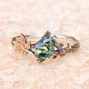 Custom natural moss agate twig ring, branch engagement band, hand-carved tree pattern, ring with stone, maple leaf silver jewely