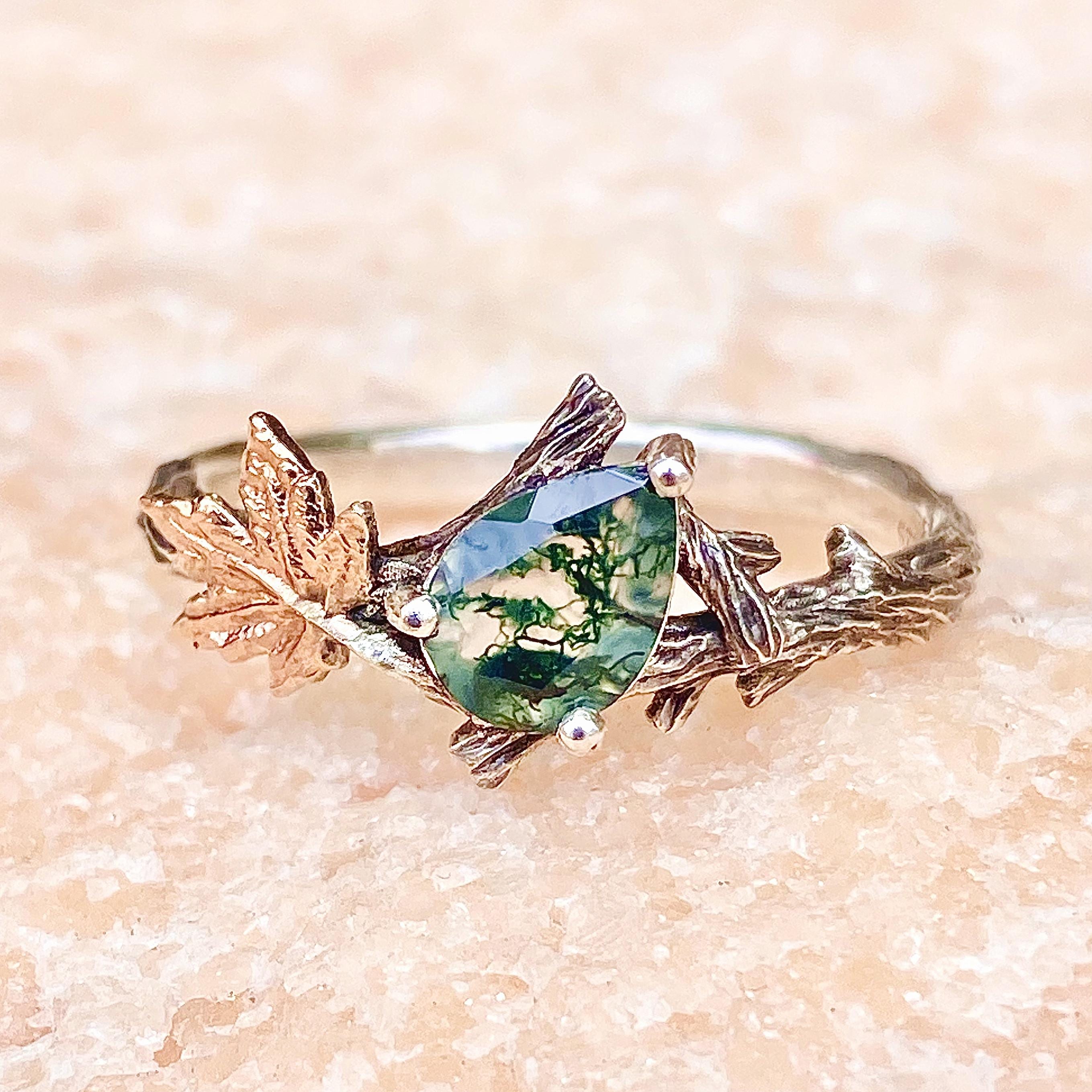 Custom natural moss agate twig ring, branch engagement band, hand-carved tree pattern, ring with stone, maple leaf silver jewely