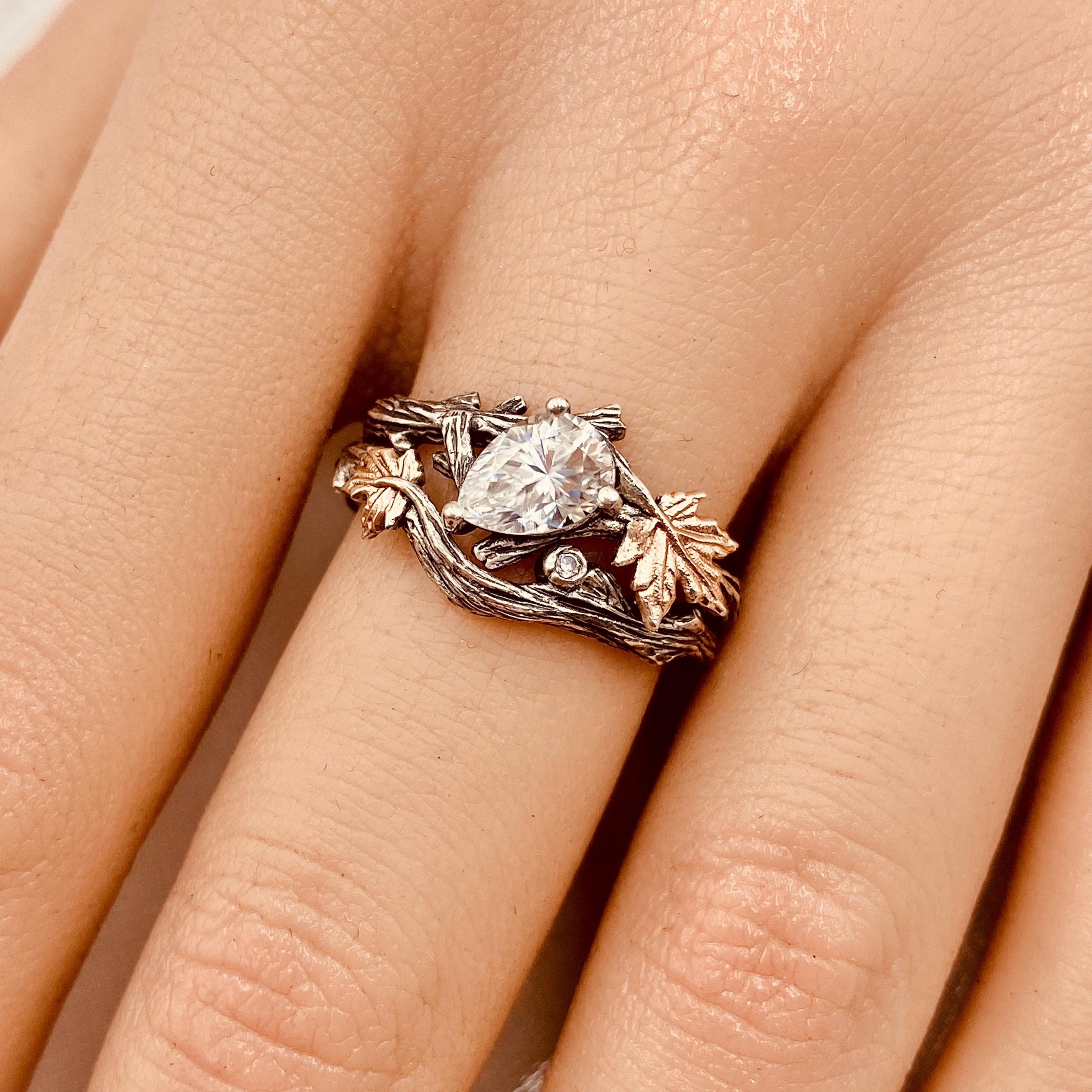 Unique moissanite branch silver ring, vintage engagement ring, personalized wedding branch ring, stacking ring, maple leaf ring