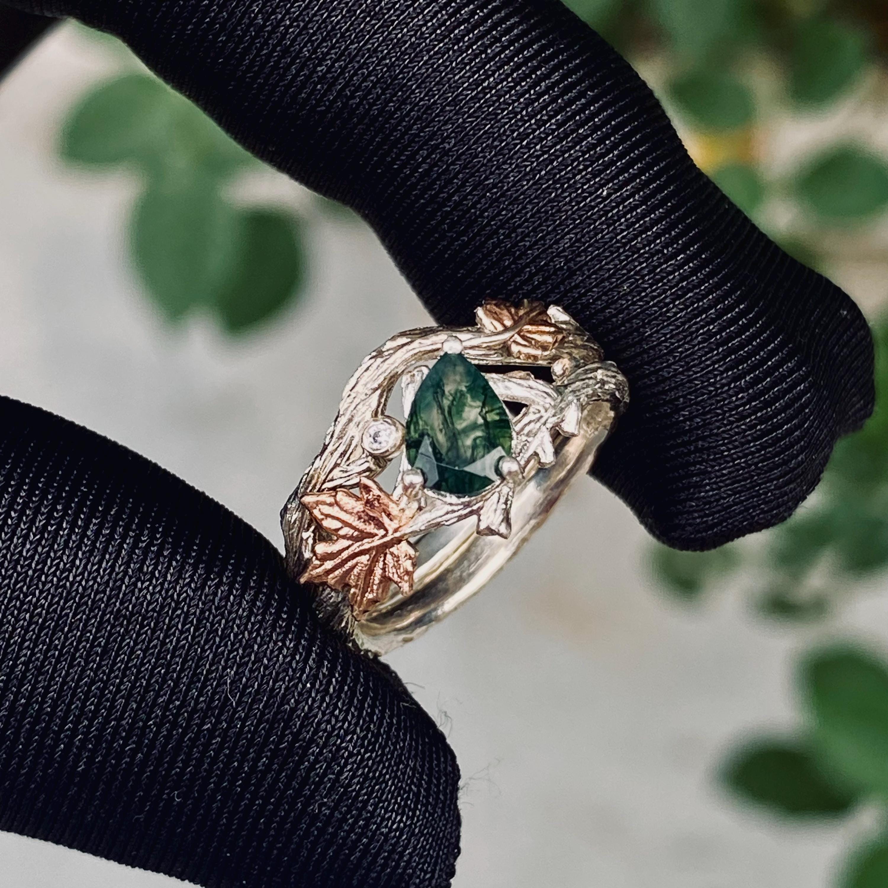 Natural moss agate sterling silver branch stacking ring, women's twig wedding ring set, unique tree branch ring with stone, promise ring