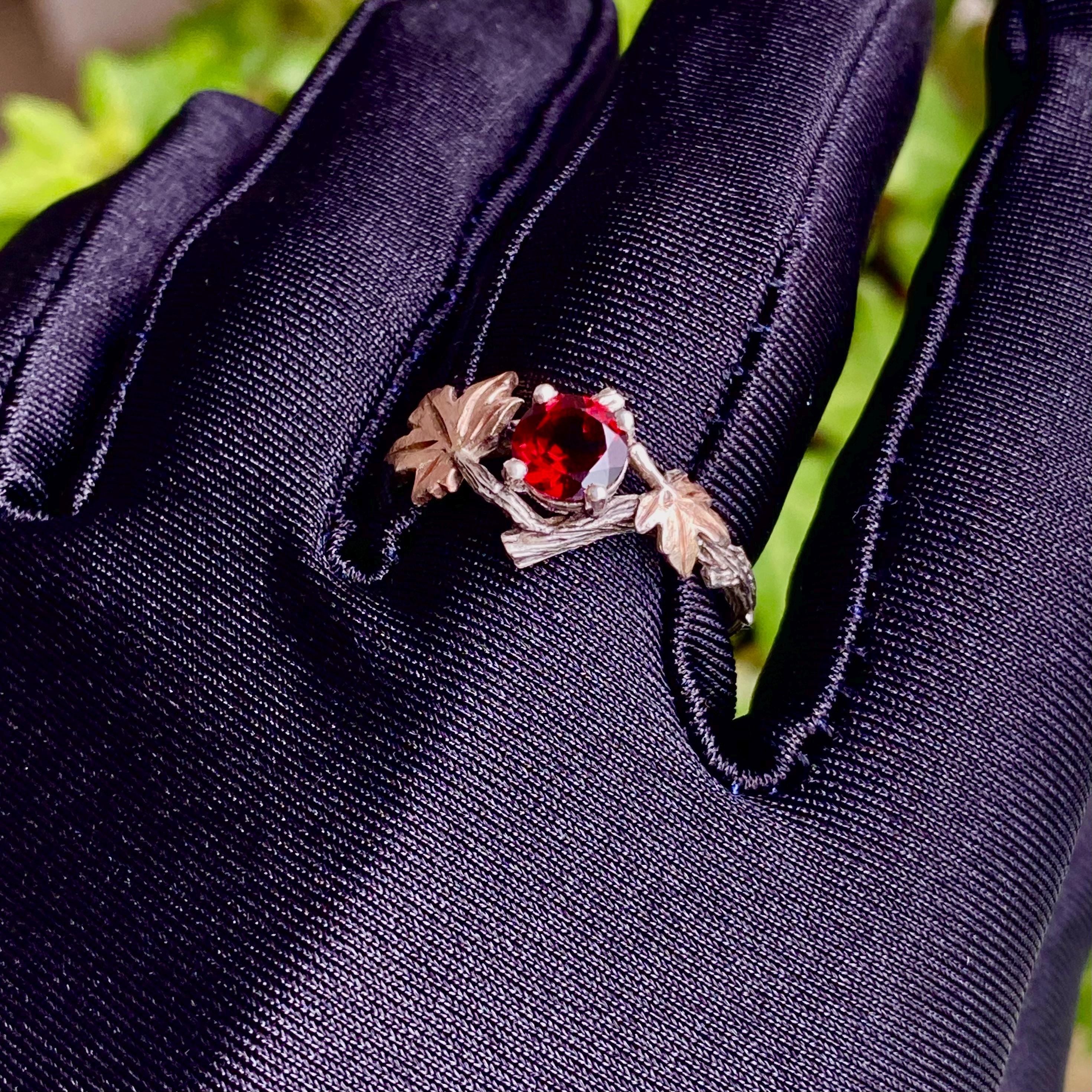 S925 sterling silver garnet ring, vintage tree branch and maple leaf ring, twig ring with garnet, hand carved bark ring, statement ring