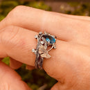 Natural London blue topaz S925 sterling silver engagement stacking ring, hand-carved branch ring, ginkgo leaf ring, twig ring for women