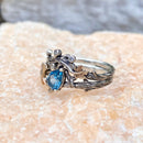 Natural London blue topaz S925 sterling silver engagement stacking ring, hand-carved branch ring, ginkgo leaf ring, twig ring for women