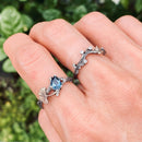 Natural London blue topaz S925 sterling silver engagement stacking ring, hand-carved branch ring, ginkgo leaf ring, twig ring for women