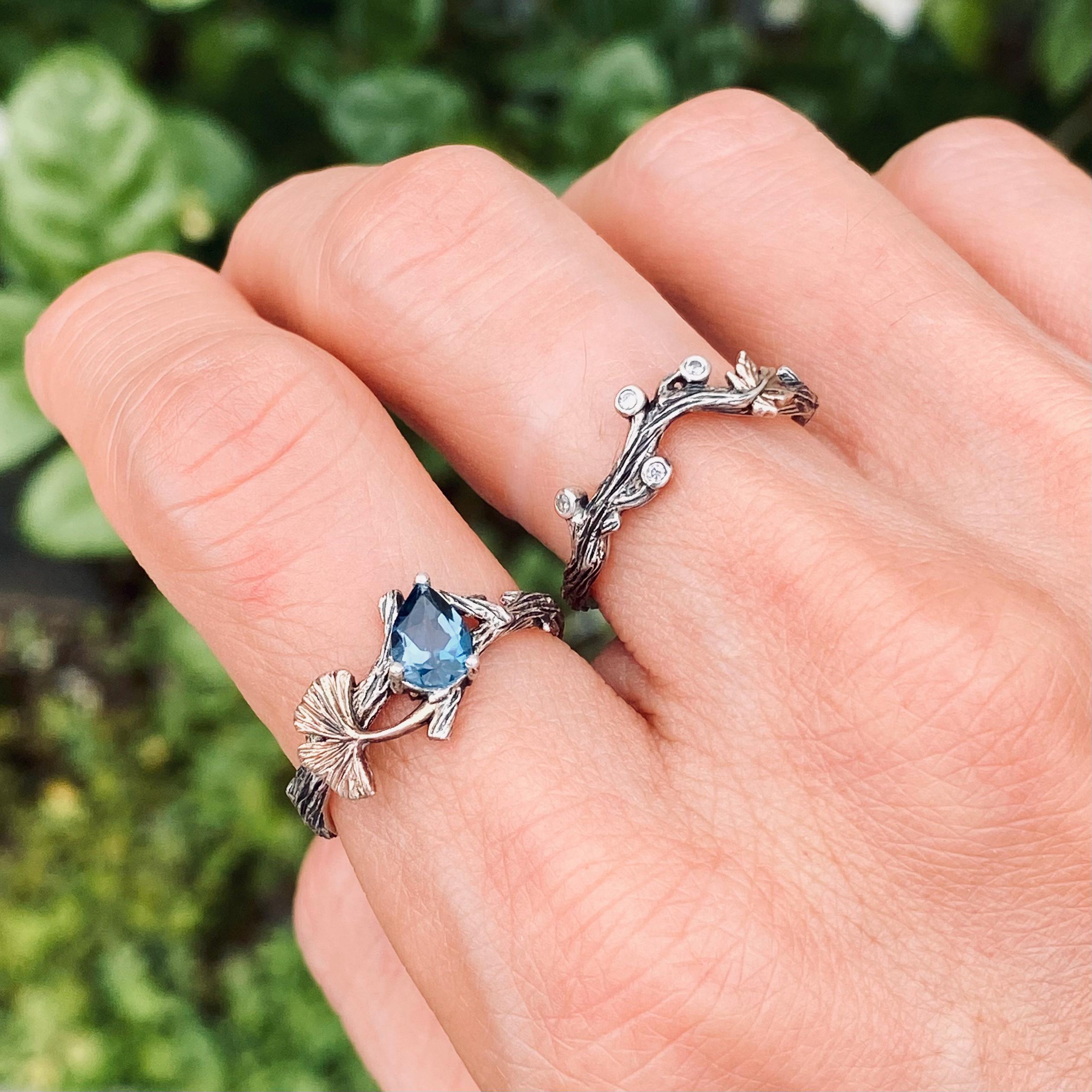 Natural London blue topaz S925 sterling silver engagement stacking ring, hand-carved branch ring, ginkgo leaf ring, twig ring for women