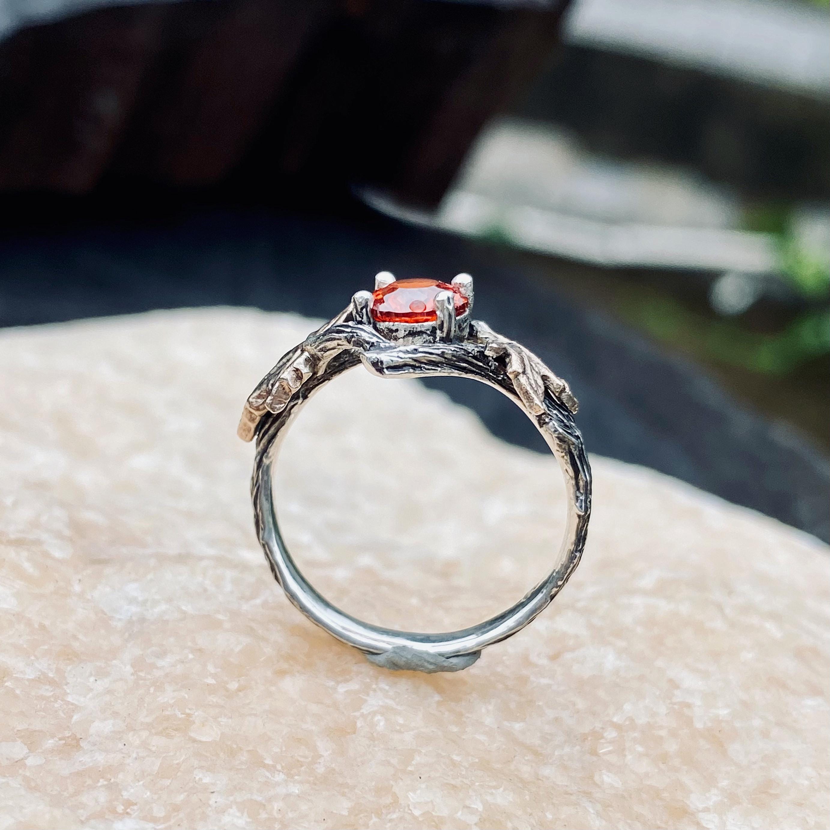 Hand Engraved Sterling Silver Branch Ring for women, natural padparadscha twig ring, Rustic Country Ring, Nature Inspired Ring, wedding band