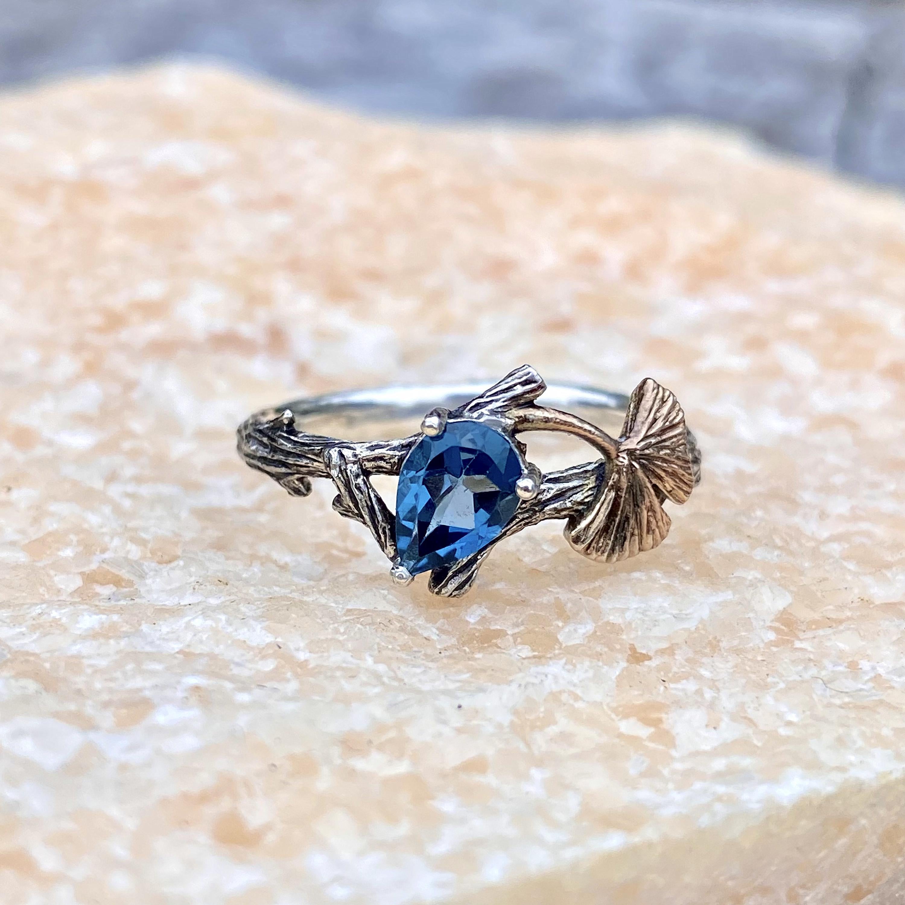 Ginkgo Leaf Ring: London Blue Topaz, Sterling Silver Branch, Hand-Carved, Twig ring with stone, For women, Wedding, Engagement, Forest style