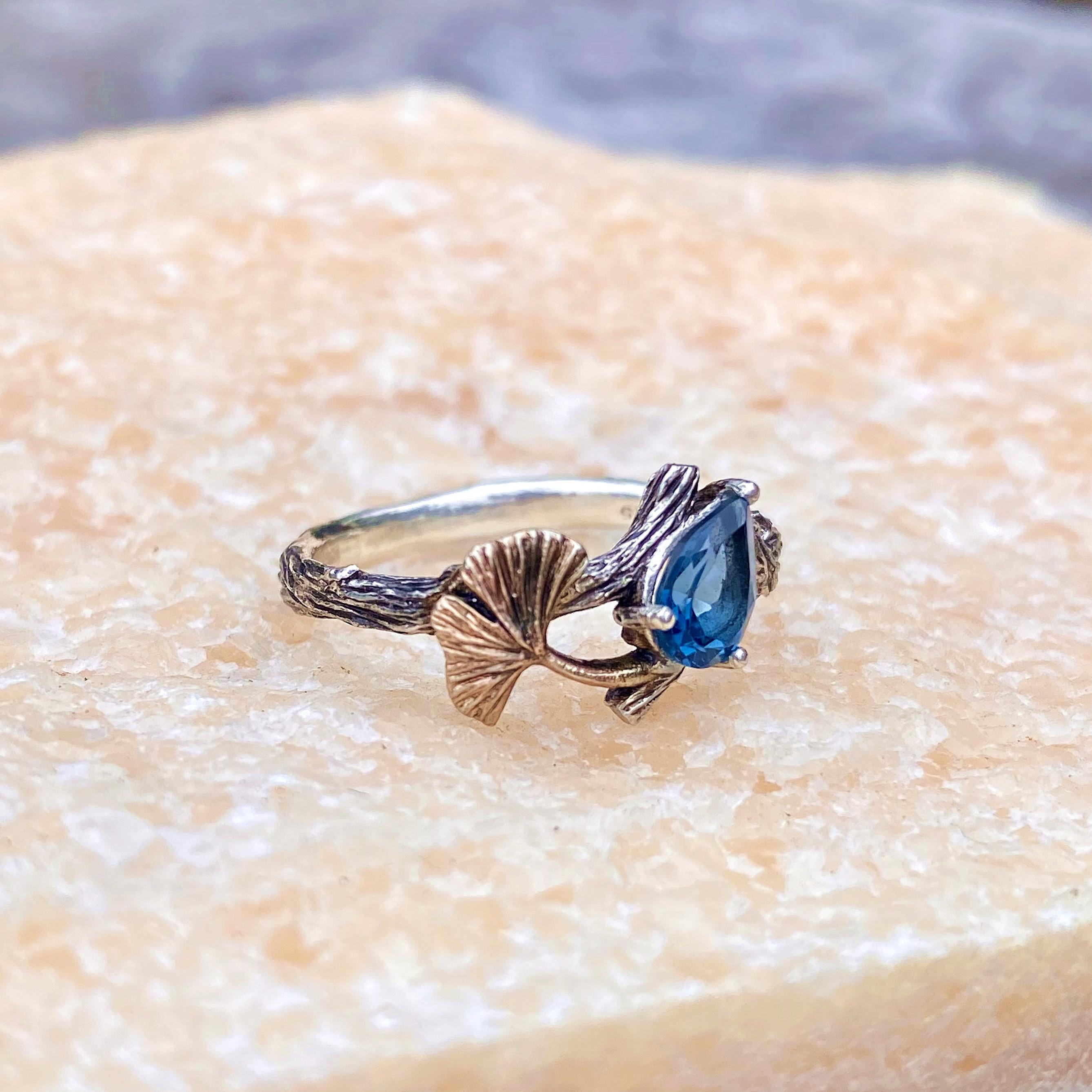 Ginkgo Leaf Ring: London Blue Topaz, Sterling Silver Branch, Hand-Carved, Twig ring with stone, For women, Wedding, Engagement, Forest style