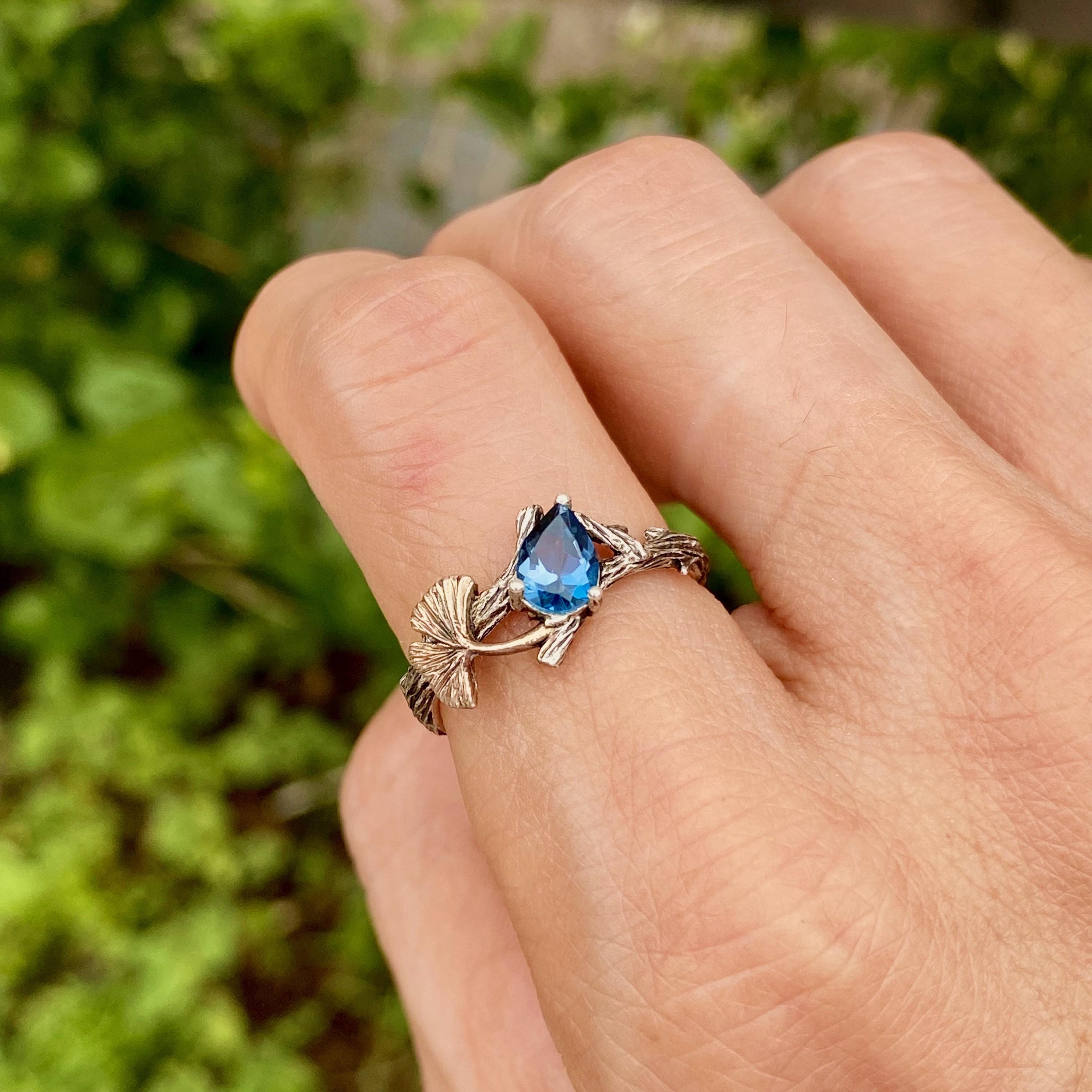 Ginkgo Leaf Ring: London Blue Topaz, Sterling Silver Branch, Hand-Carved, Twig ring with stone, For women, Wedding, Engagement, Forest style