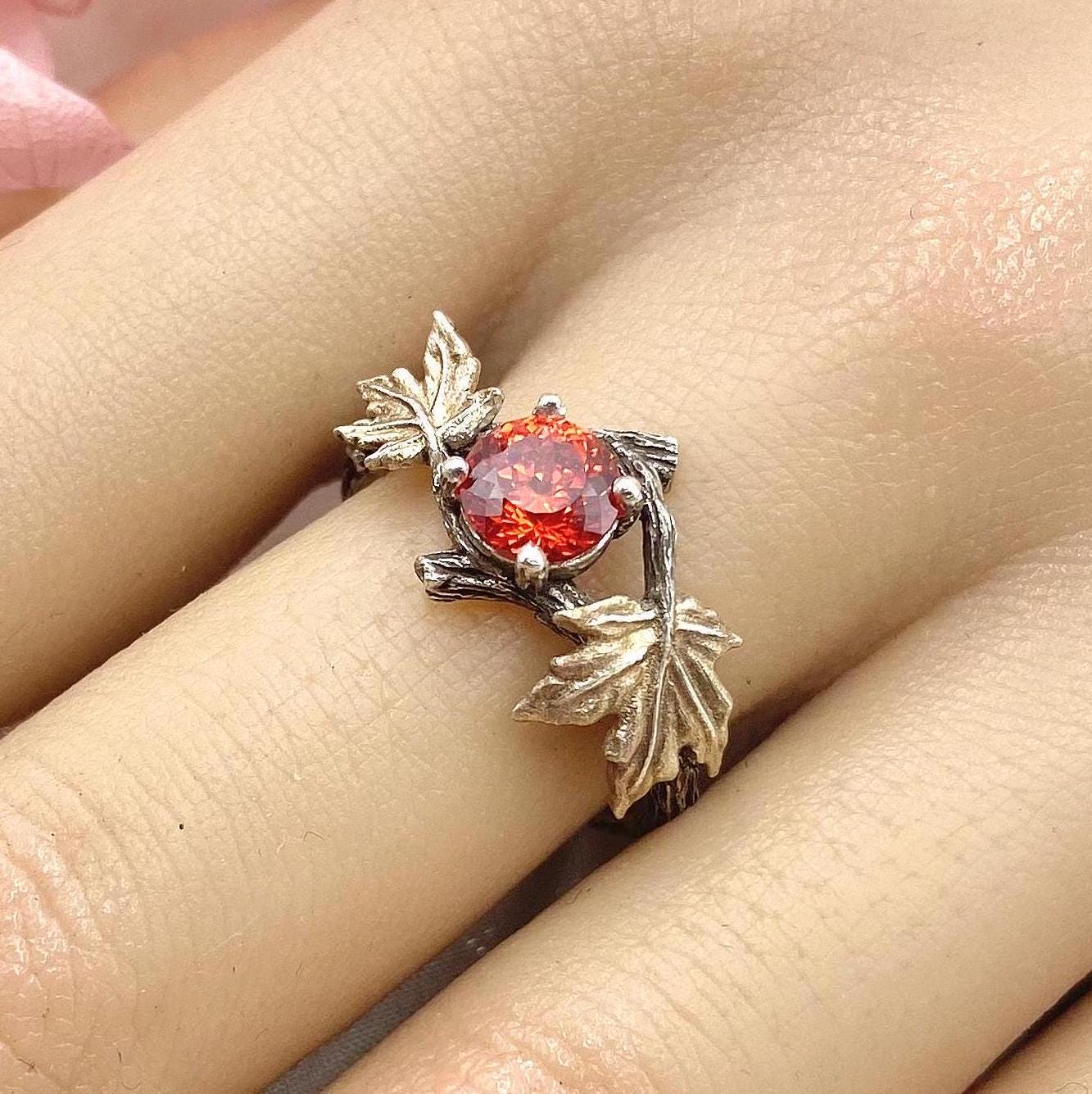 Hand Engraved Sterling Silver Branch Ring for women, natural padparadscha twig ring, Rustic Country Ring, Nature Inspired Ring, wedding band