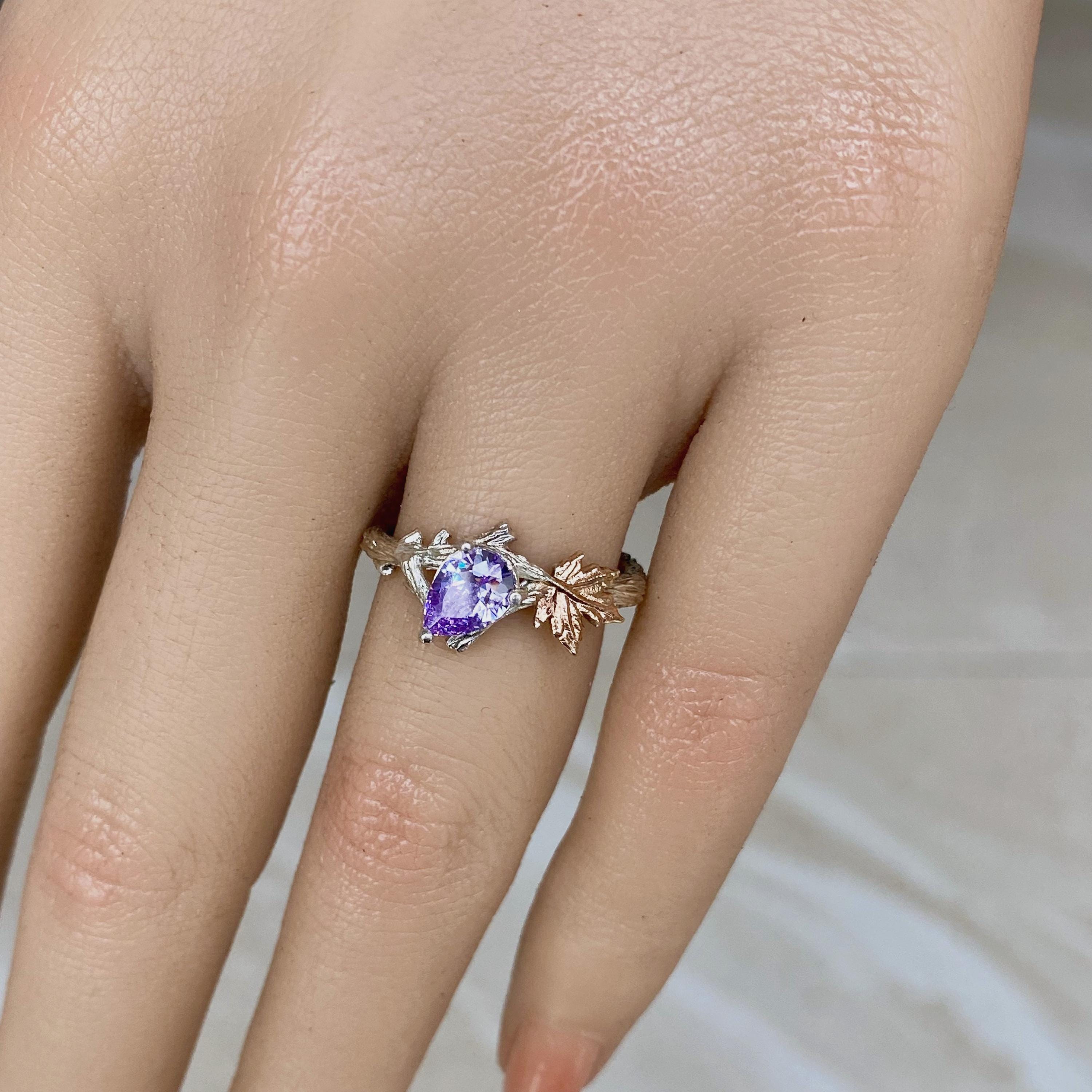 Natural amethyst sterling silver engagement branch ring, maple branch ring, personalized wedding band, February birthstone ring,promise ring