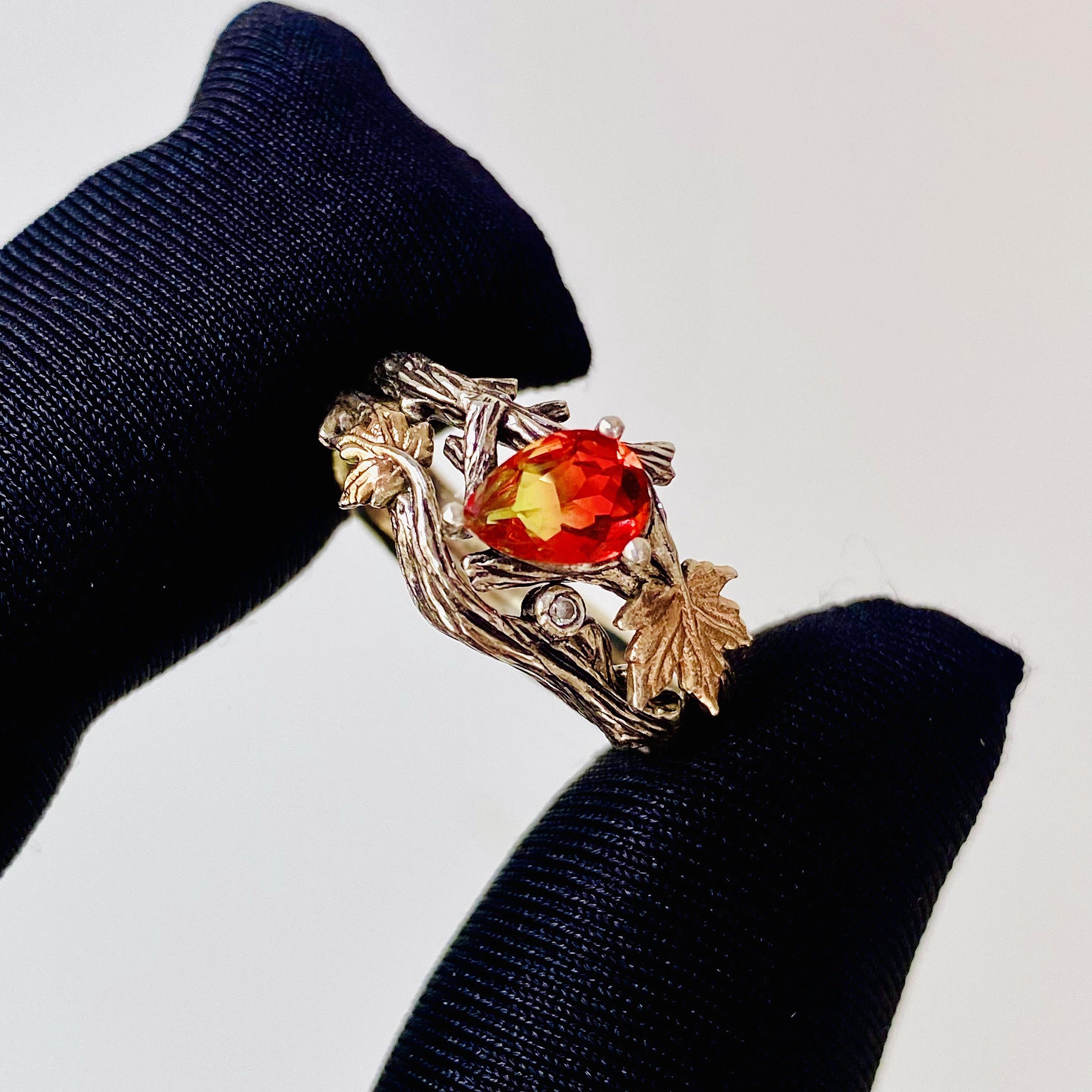 Sterling silver tourmaline tree branch ring, twig maple leaf wedding ring, stacking engagement ring, bridal ring set, twig ring with stone