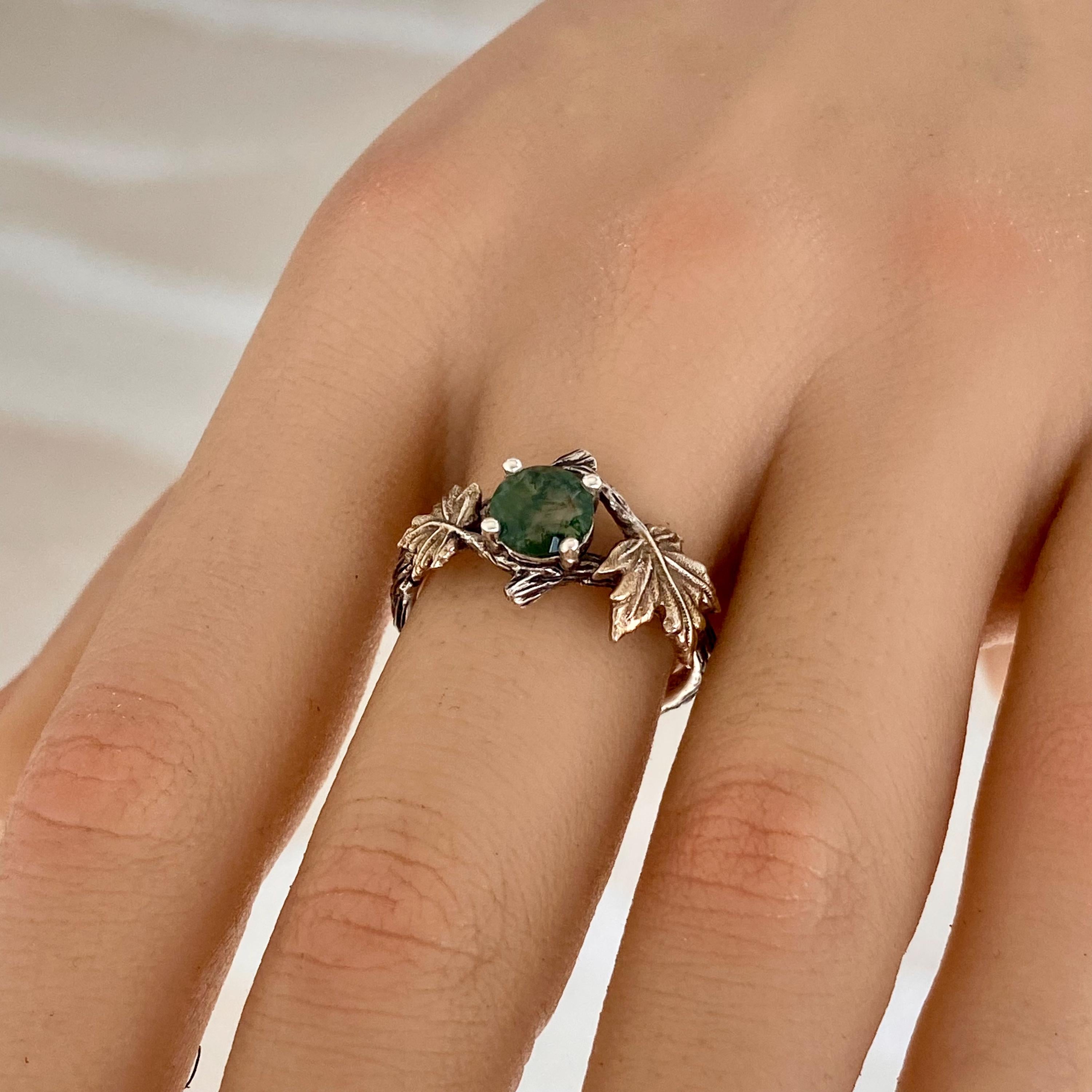 Natural moss agate sterling silver branch ring, twig maple leaf ring, vintage engagement ring, hand carved wedding ring, anniversary ring