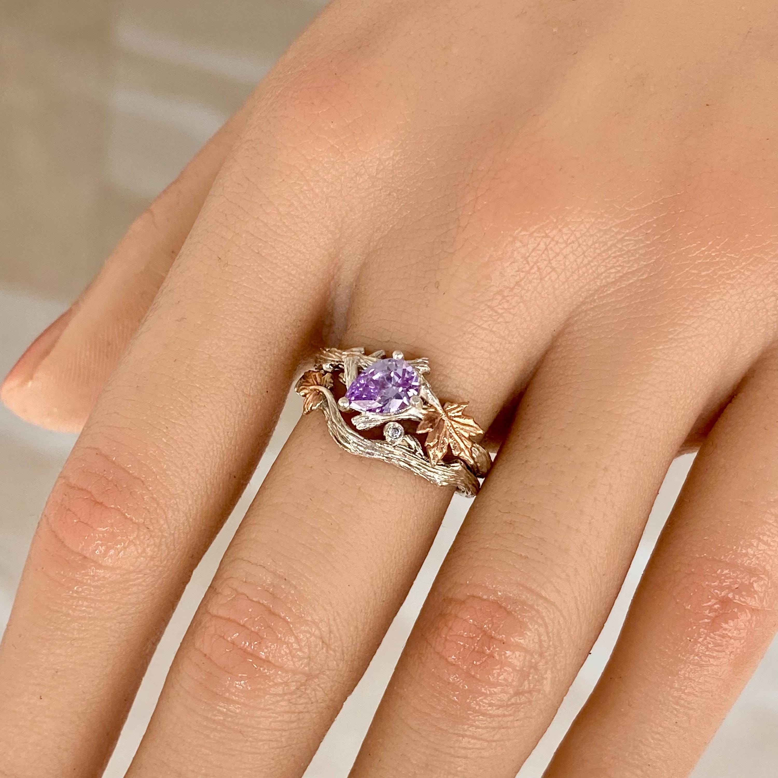 Unique handmade sterling silver branch ring, natural amethyst wedding ring, branch February birthstone ring, stacking ring, anniversary gift