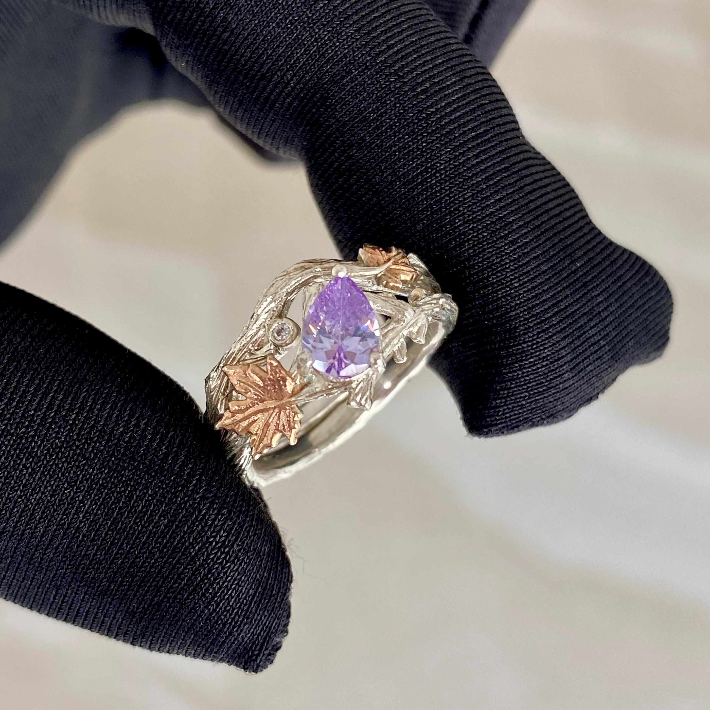 Unique handmade sterling silver branch ring, natural amethyst wedding ring, branch February birthstone ring, stacking ring, anniversary gift