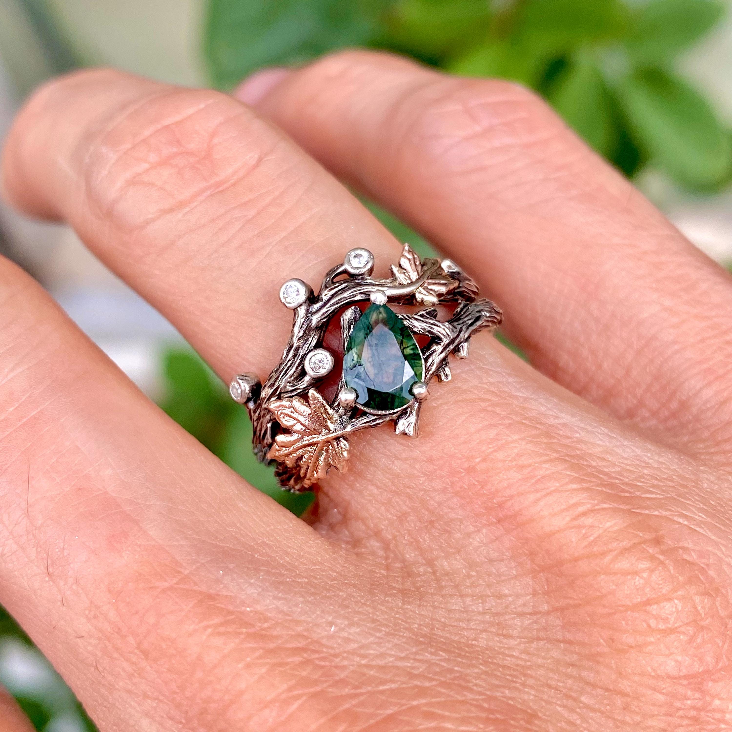 Natural moss agate tree branch rings set, S925 sterling silver engagement ring, wedding band, twig ring with stone, twig stacking ring