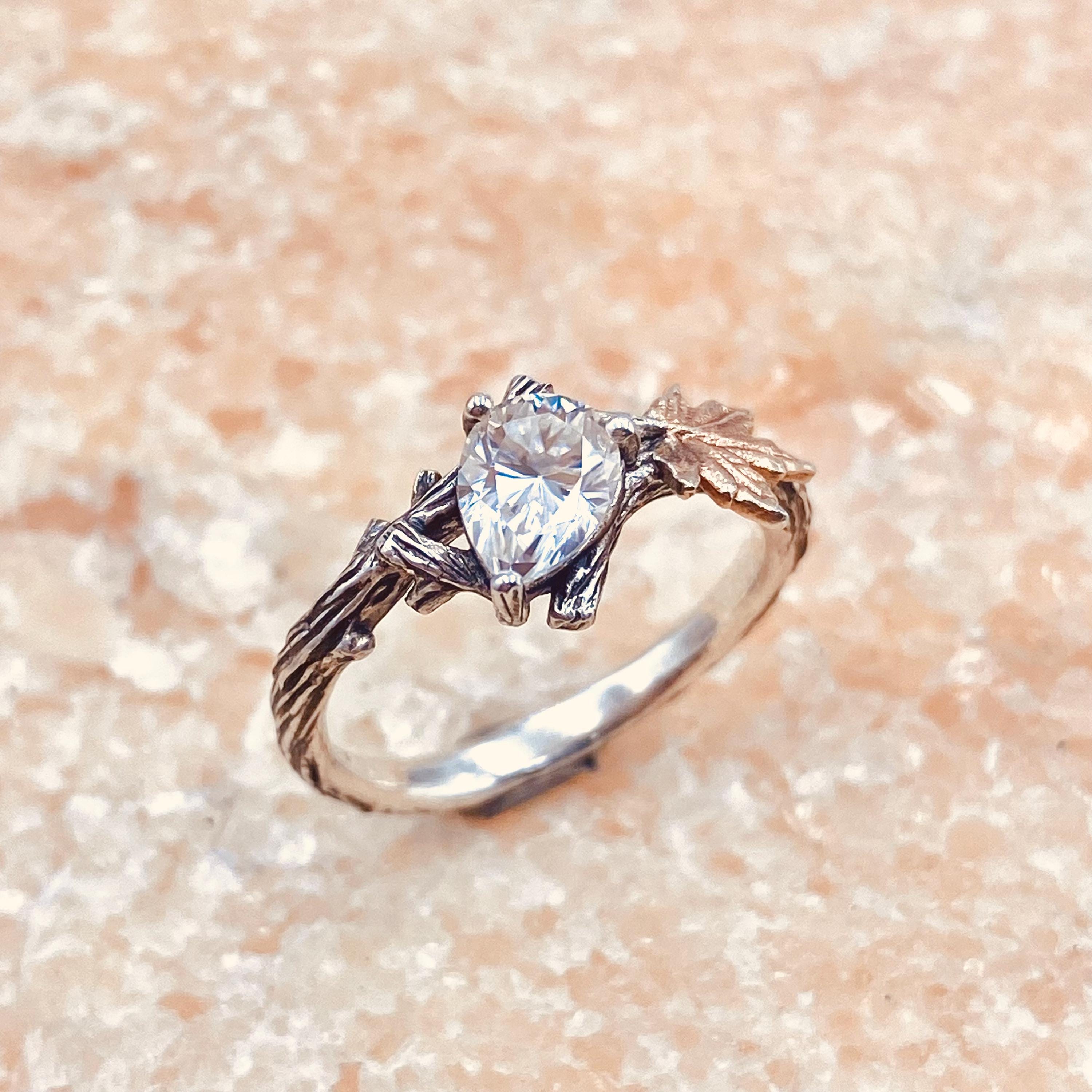 Hand carved branch silver ring, moissanite twig wedding band, twig and leaf ring with stone, vintage forest ring, unique engagement gift