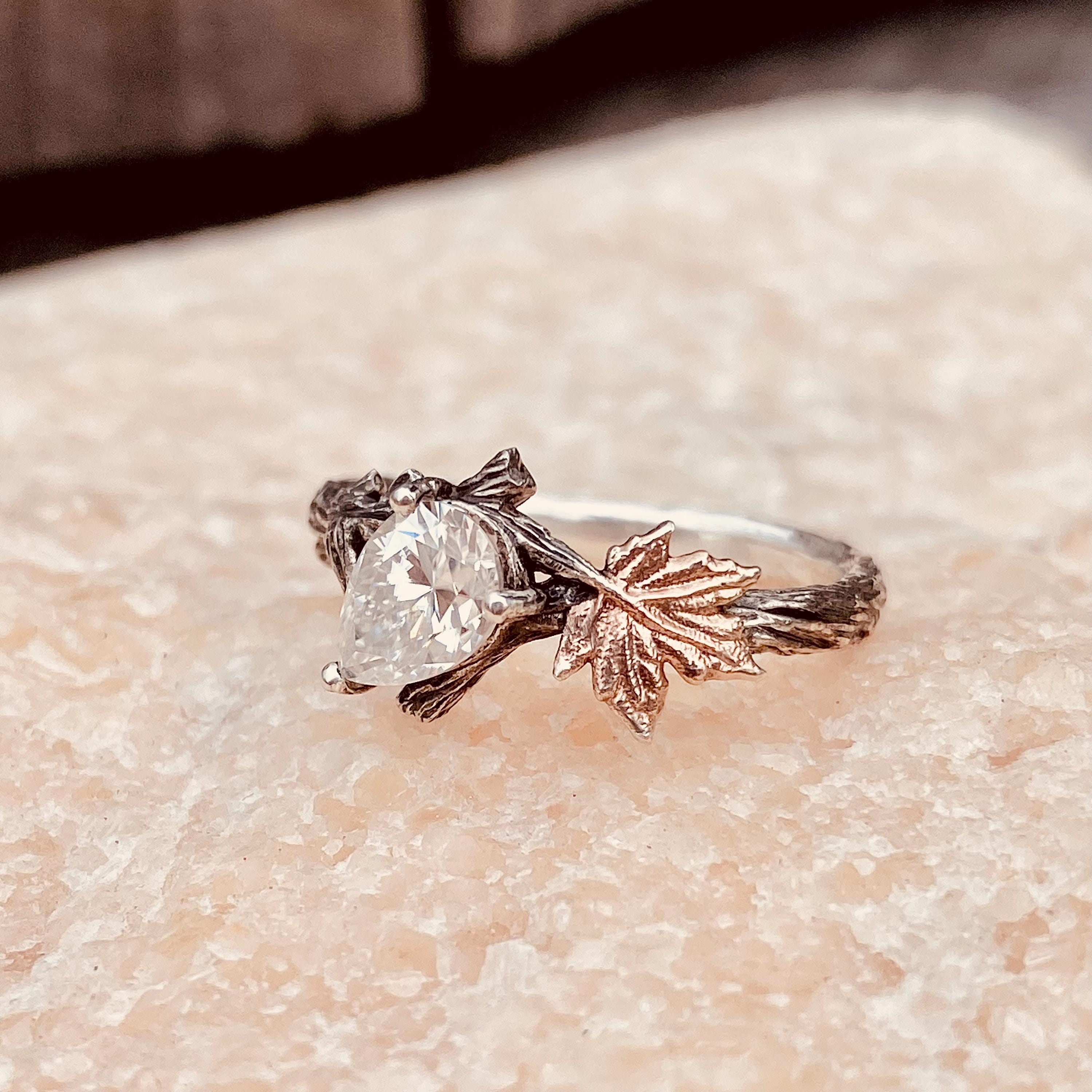 Hand carved branch silver ring, moissanite twig wedding band, twig and leaf ring with stone, vintage forest ring, unique engagement gift