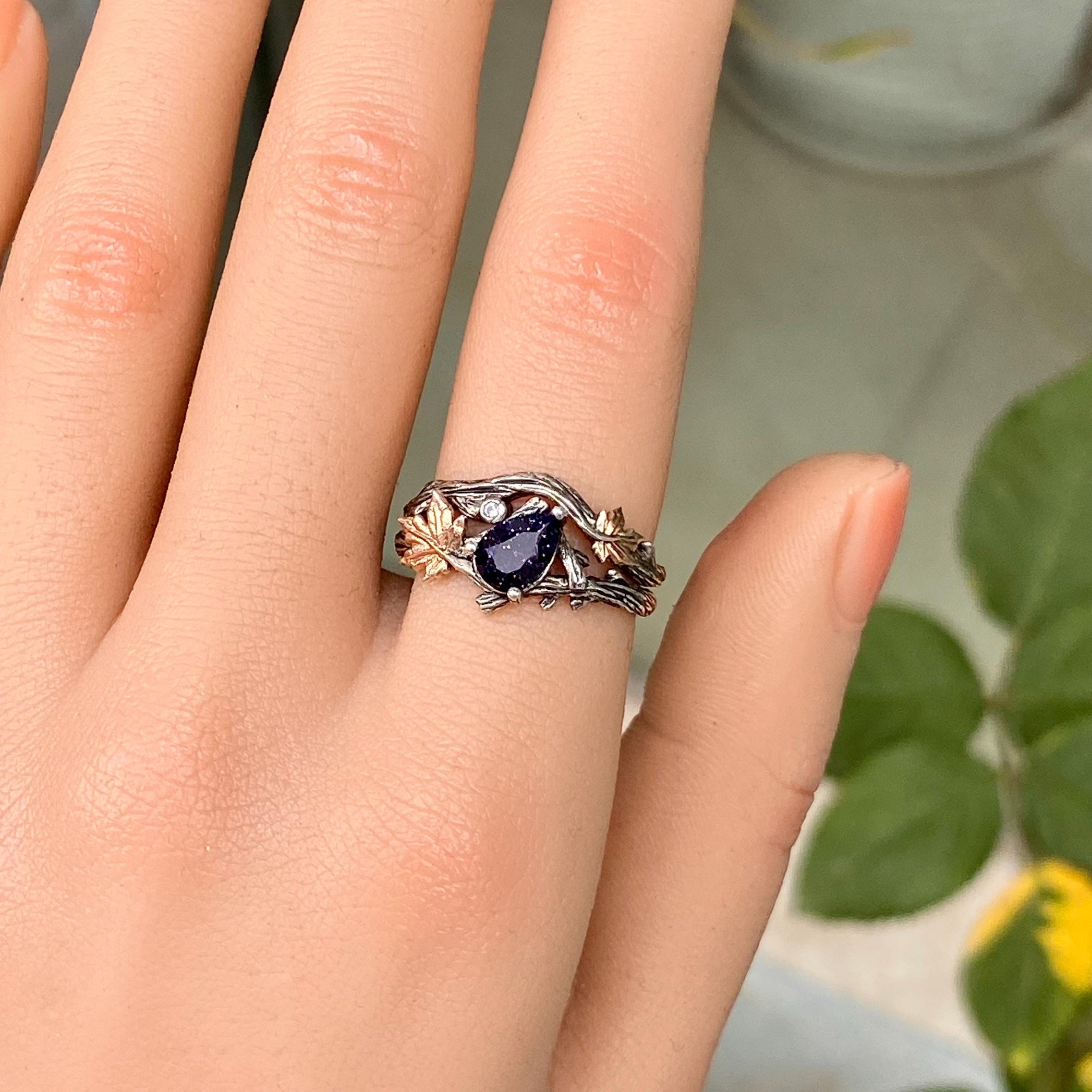 Sterling Silver Blue Sandstone Branch Engagement Ring, Statement twig Ring, Vintage Style Engagement Ring, Nature Inspired Stacking Ring