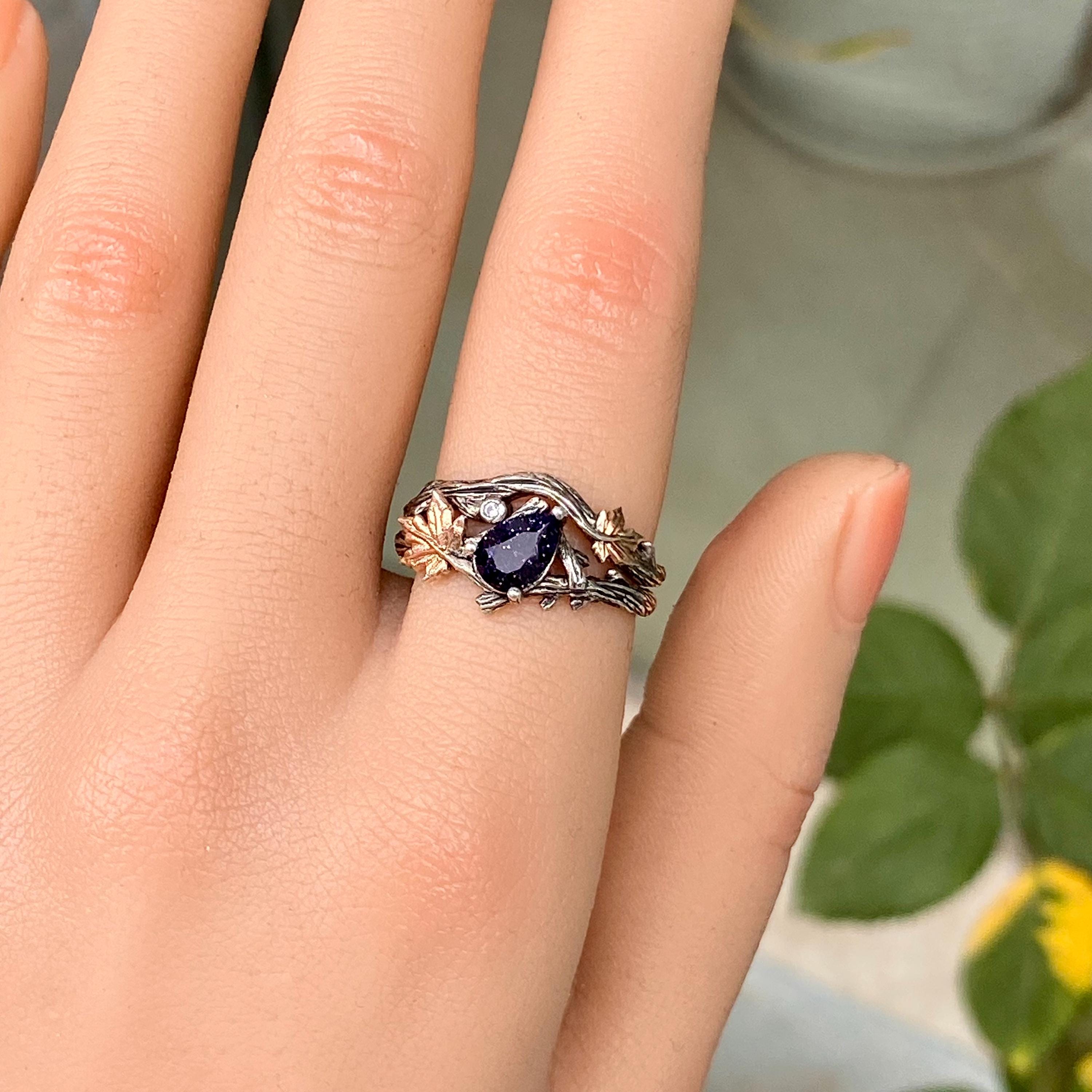 Sterling Silver Blue Sandstone Branch Engagement Ring, Statement twig Ring, Vintage Style Engagement Ring, Nature Inspired Stacking Ring