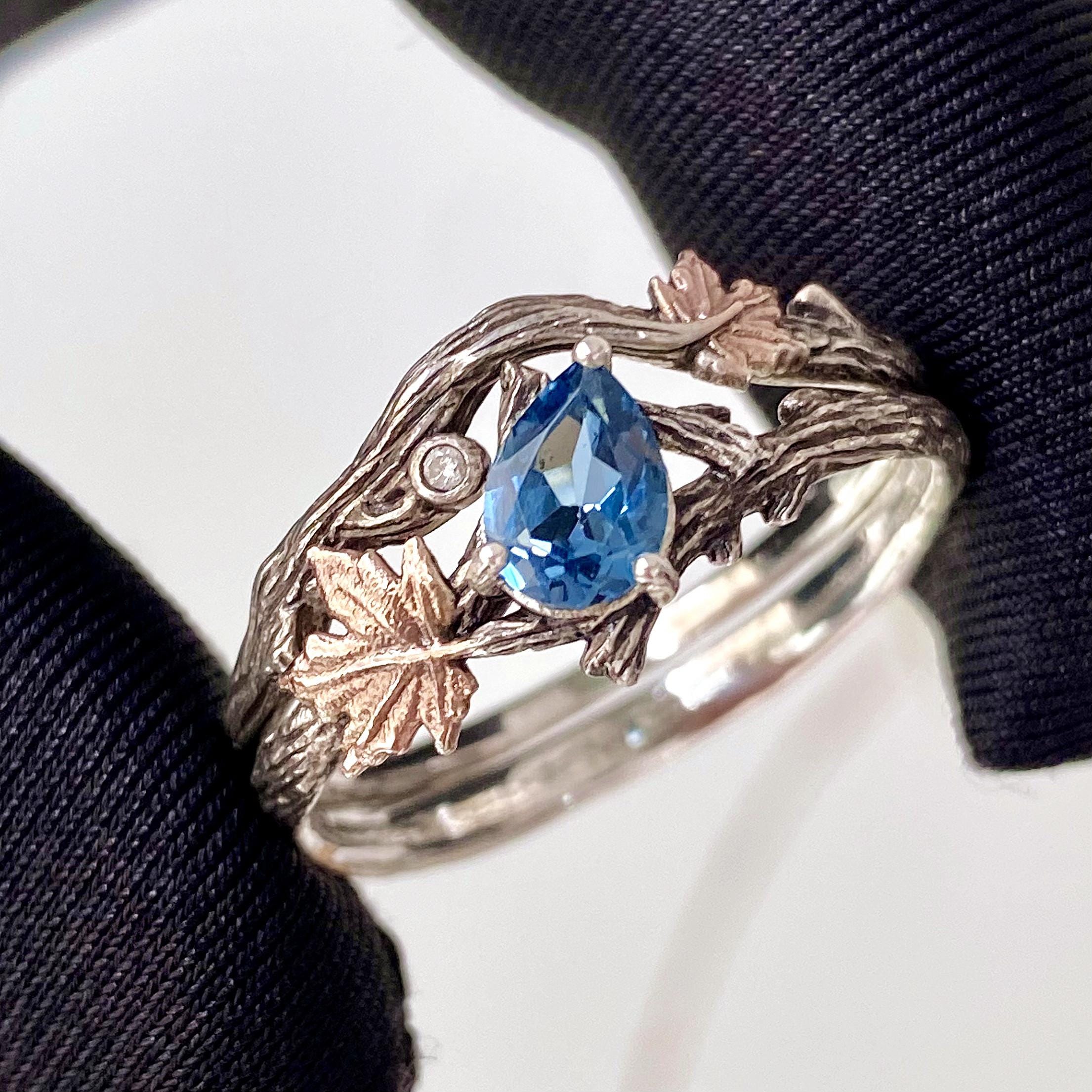 Custom Gemstone Sterling Silver Branch Stacking Ring, London Blue Topaz Btwig Ring, Maple Leaf Engagement Ring, Hand Carved Wedding band