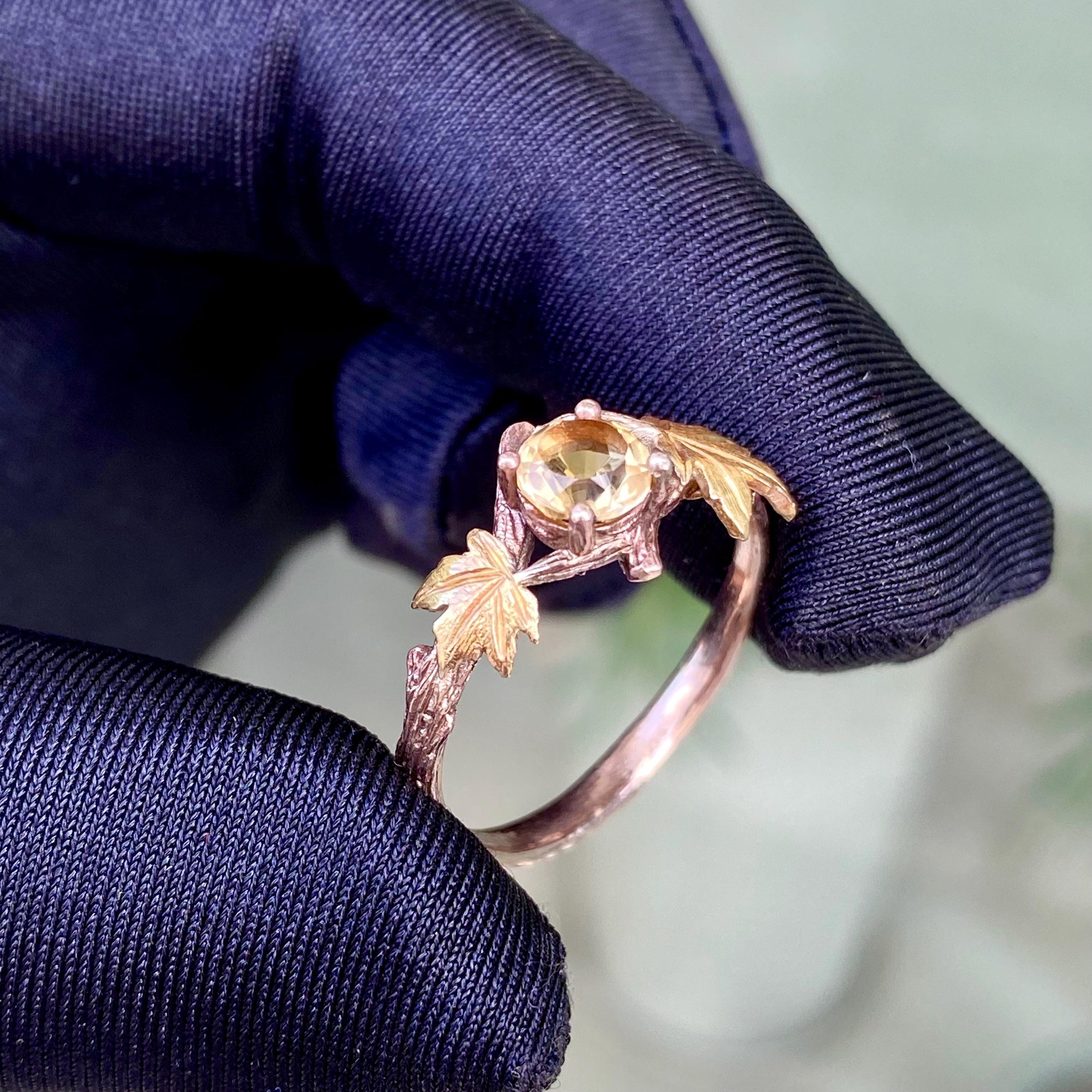 Personalized sterling silver natural citrine twig ring, carved tree branch maple leaf ring, rose gold engagement ring, wedding promise ring