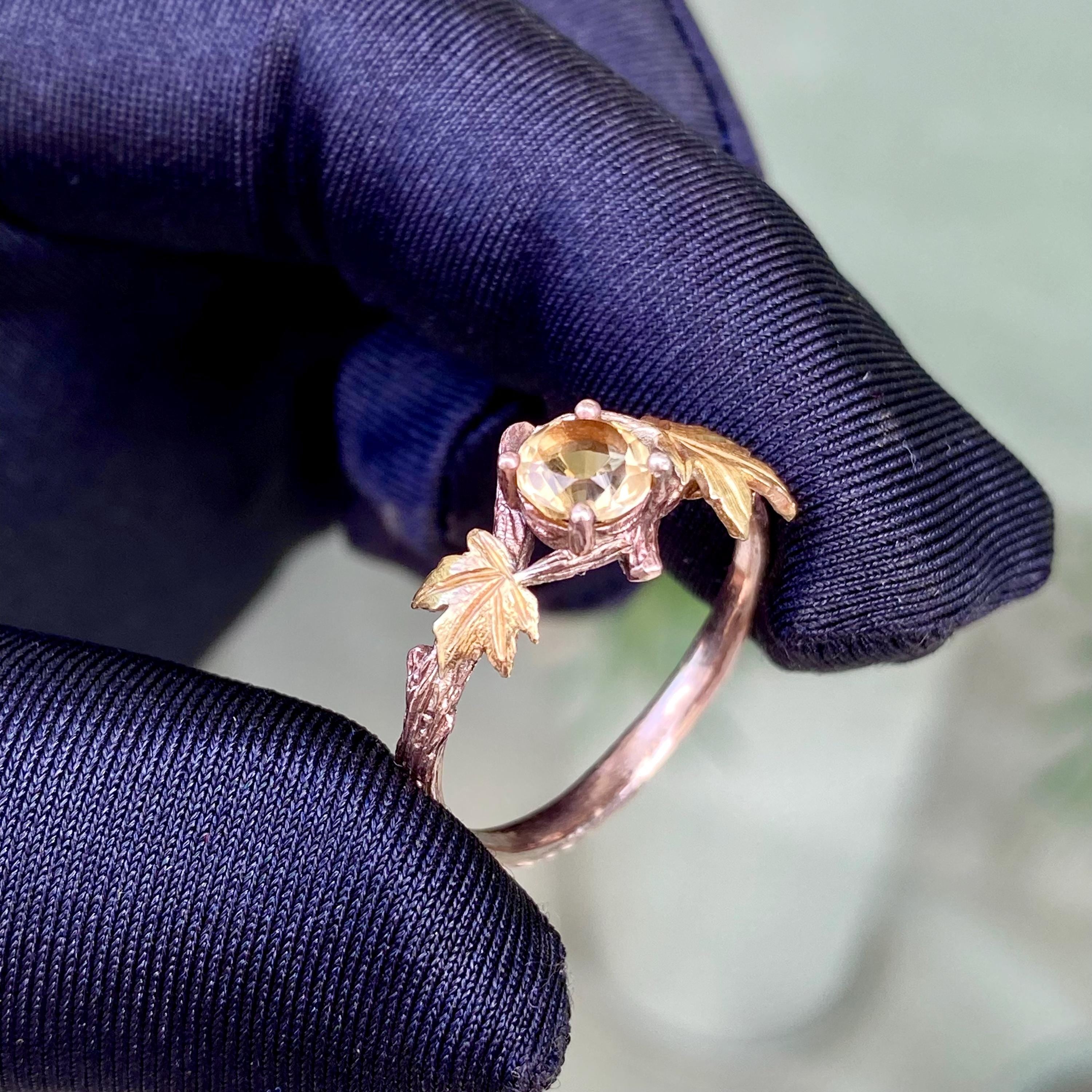 Personalized sterling silver natural citrine twig ring, carved tree branch maple leaf ring, rose gold engagement ring, wedding promise ring