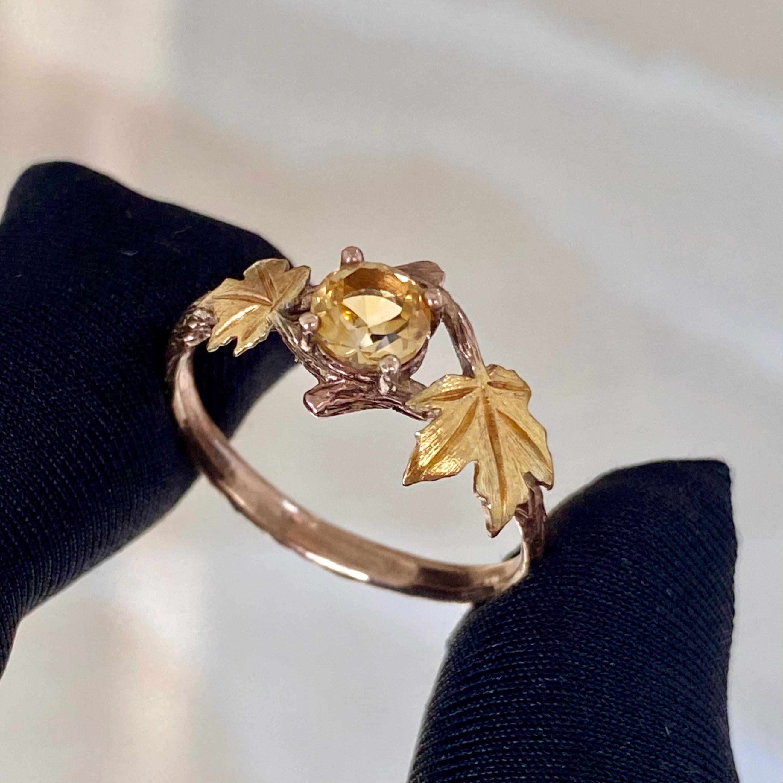 Personalized sterling silver natural citrine twig ring, carved tree branch maple leaf ring, rose gold engagement ring, wedding promise ring