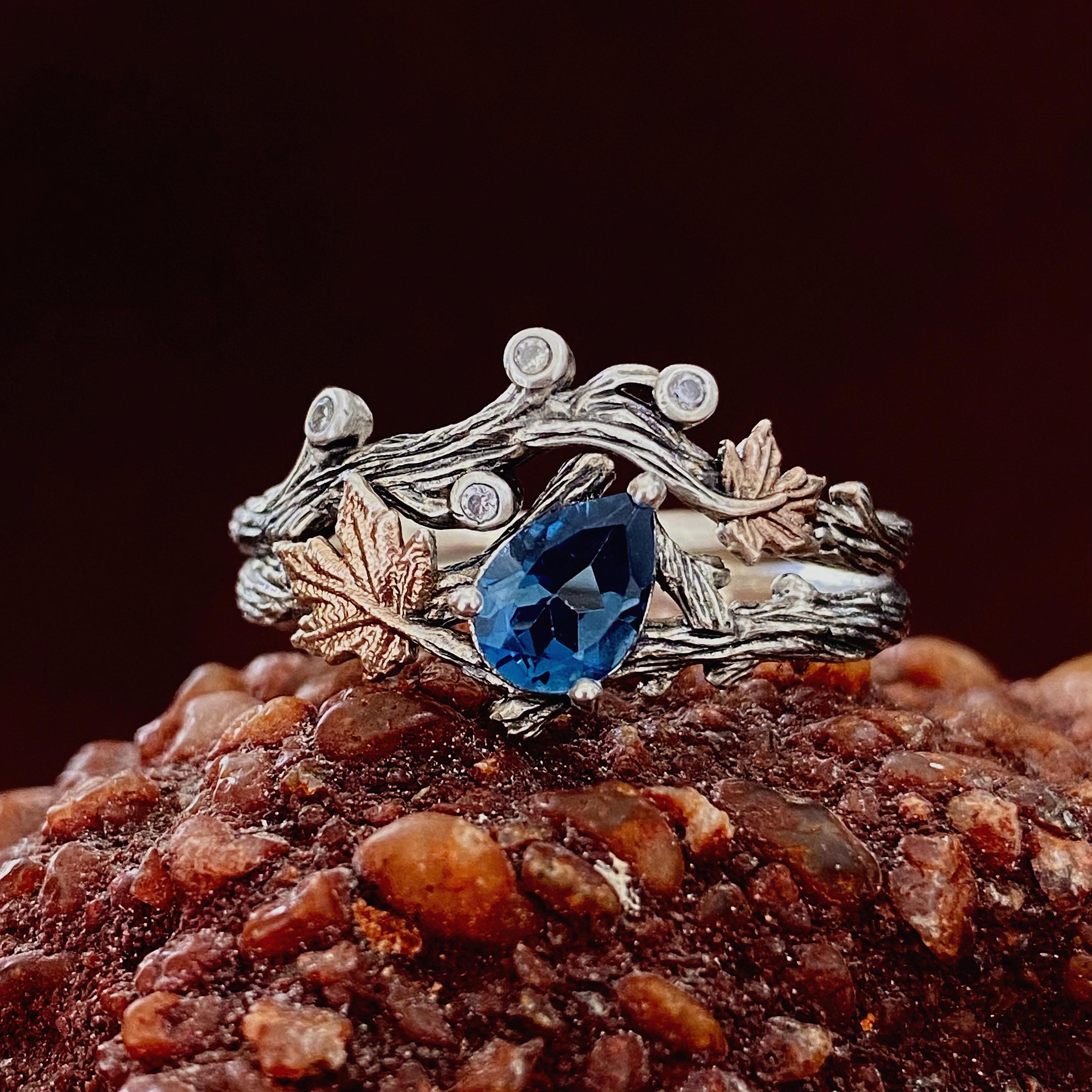 Topaz branch silver ring, twig and leaf engagement ring, maple leaf stacking ring, London blue topaz ring, tree and leaf ring, fiancee gift