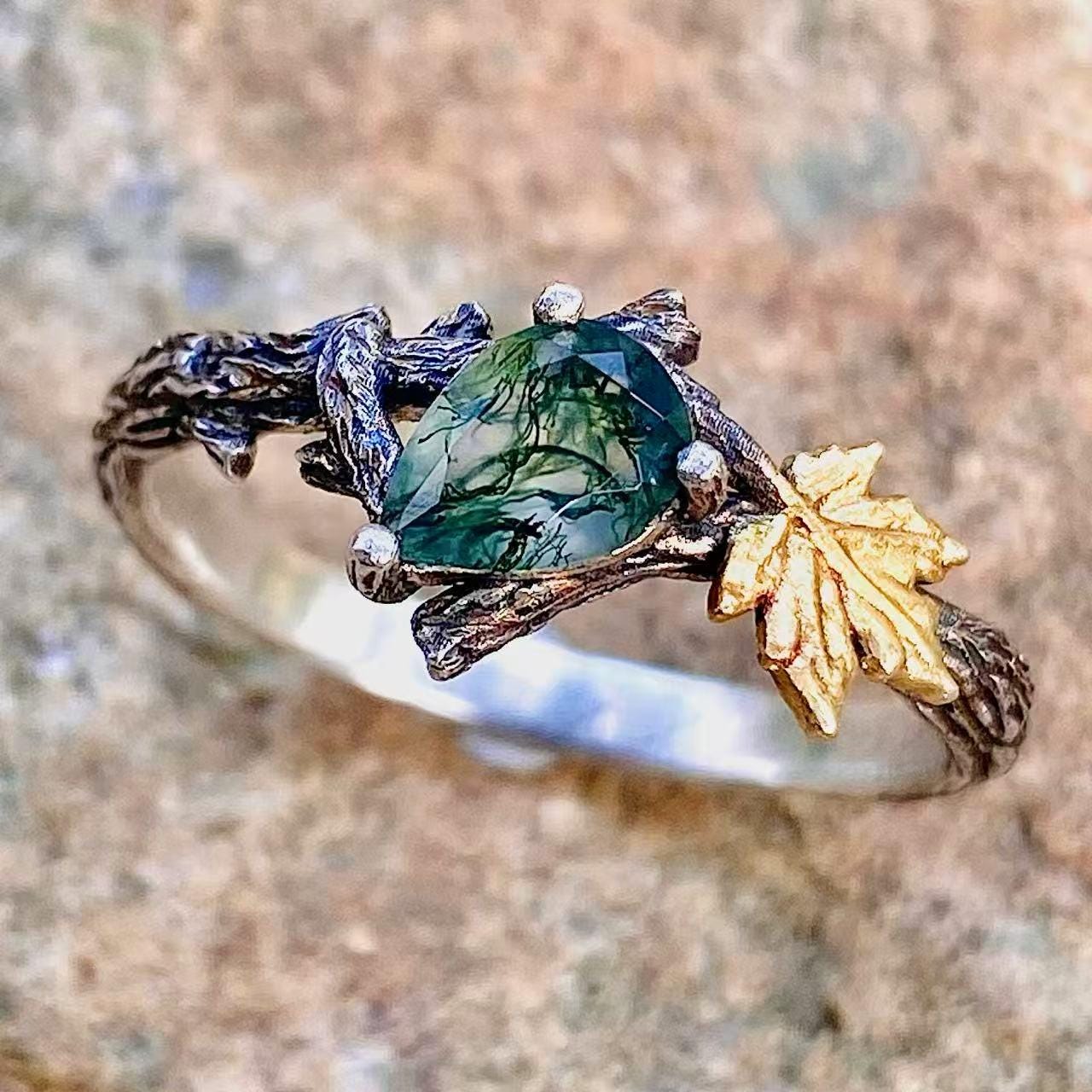 Natural moss agate branch silver ring, nuture inspired forest ring, twig and maple leaf ring, twig ring with stone, pormise ring for her