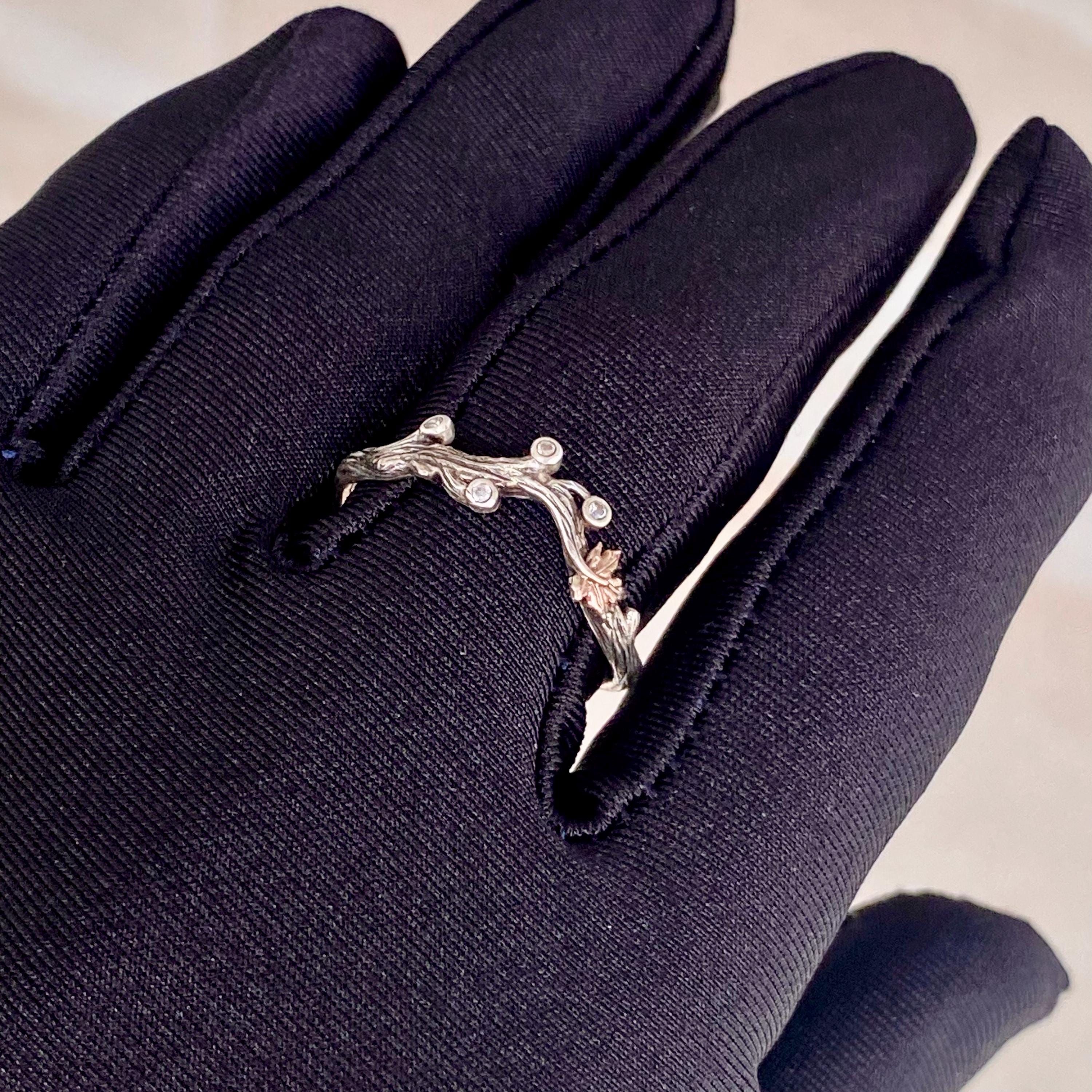 Custom Hand Carved Branch and Maple Leaf Ring, Sterling Silver Women's twig Ring, Natural Engagement Ring, Vine Leaf Ring, promise ring