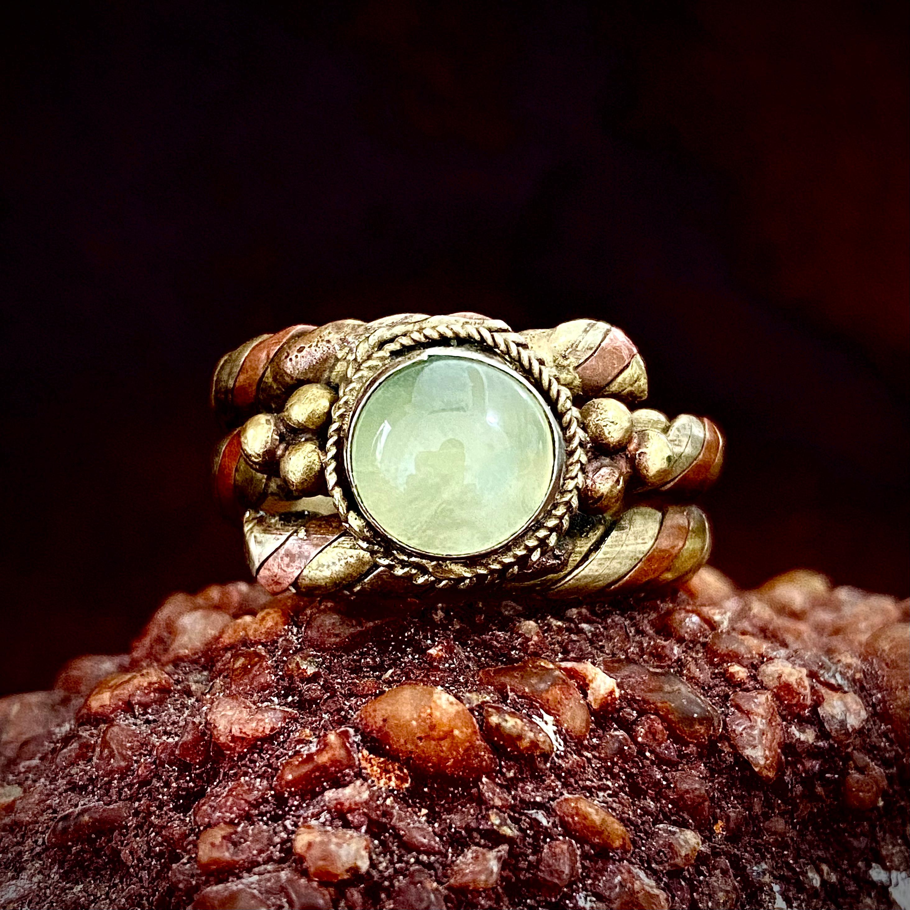 Natural Prehnite collection ring, personalized three-color copper braided ring, single stone ring, vintage antique ring, ring for grandma