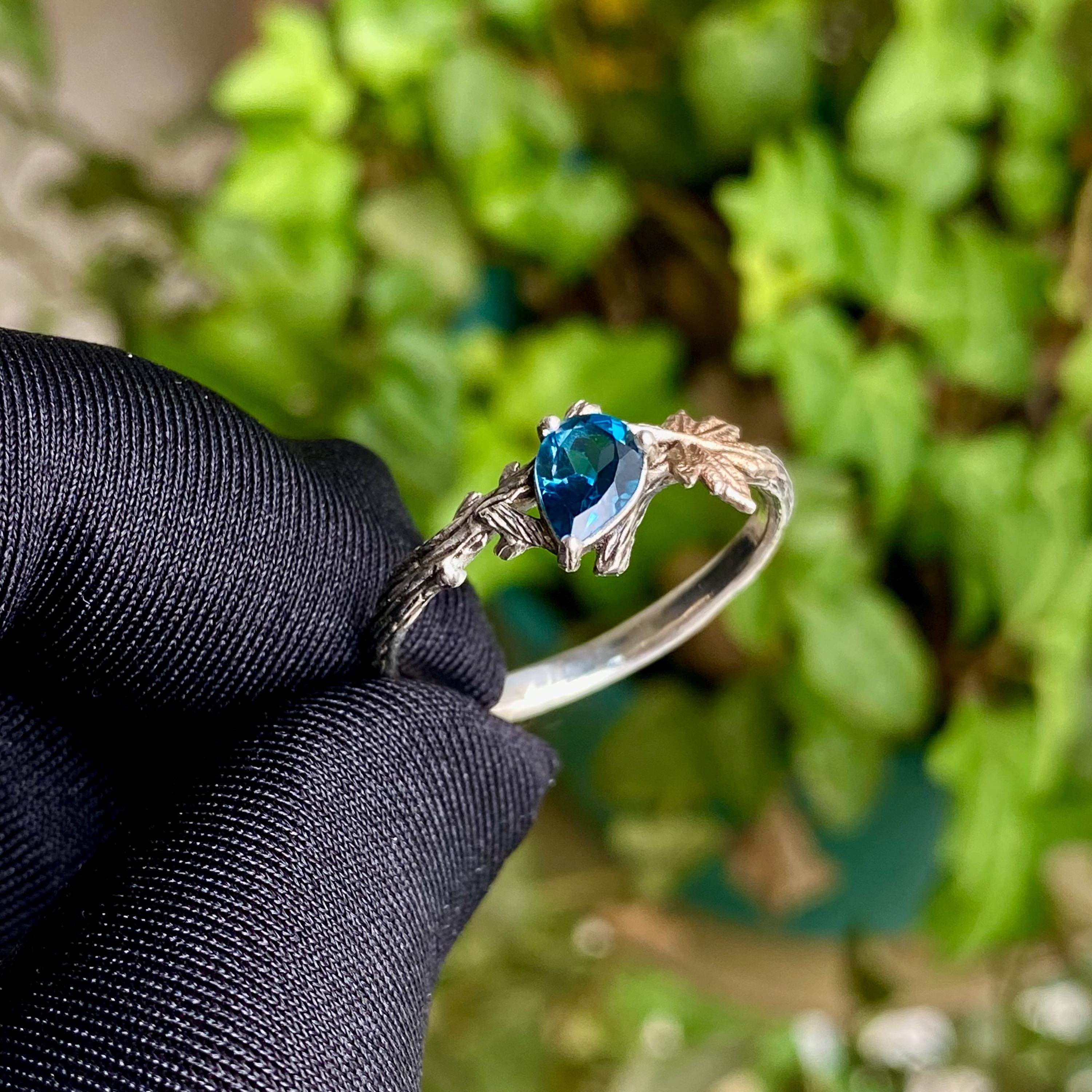 Natural London blue topaz branch silver ring, S925 sterling silver maple leaf wedding ring, gemstone custom ring, branch ring with stone