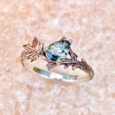 Custom natural moss agate twig ring, branch engagement band, hand-carved tree pattern, ring with stone, maple leaf silver jewely