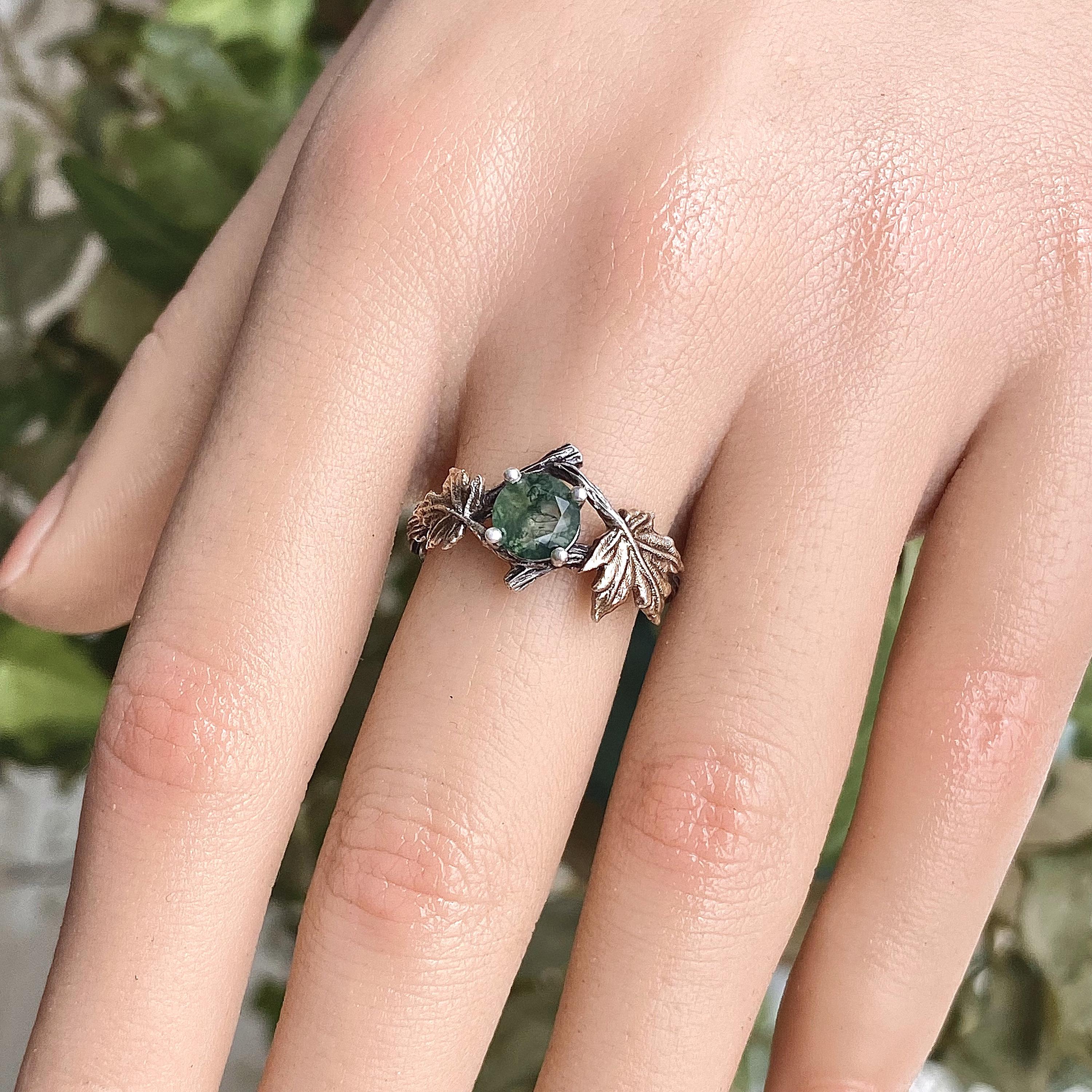 Natural moss agate sterling silver branch ring, twig maple leaf ring, vintage engagement ring, hand carved wedding ring, anniversary ring