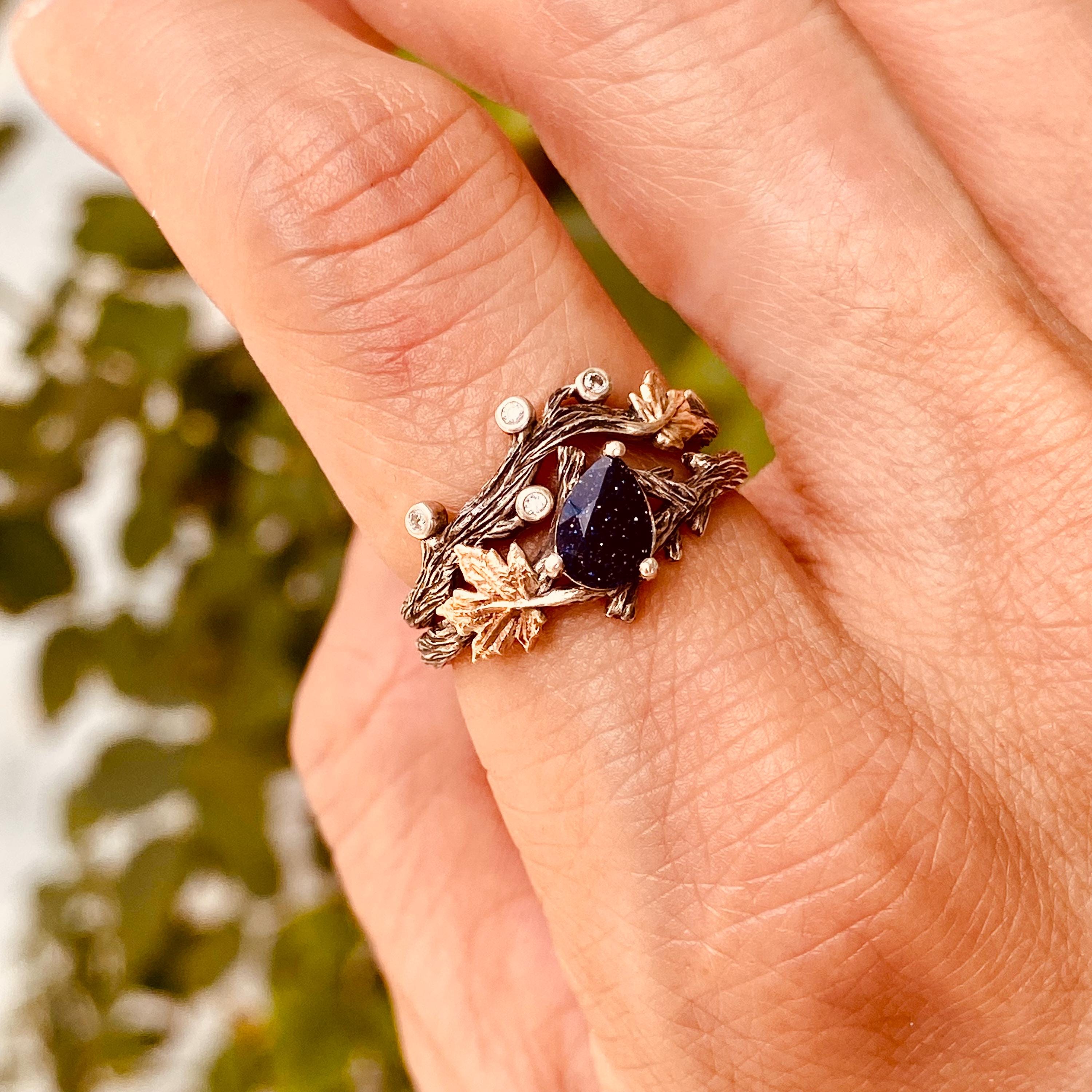 Maple Leaf Stacked Blue Sandstone Silver Twig Ring, Hand-carved Leaf Ring, Personalized Wedding Ring, Engagement Ring, Promise Ring for her