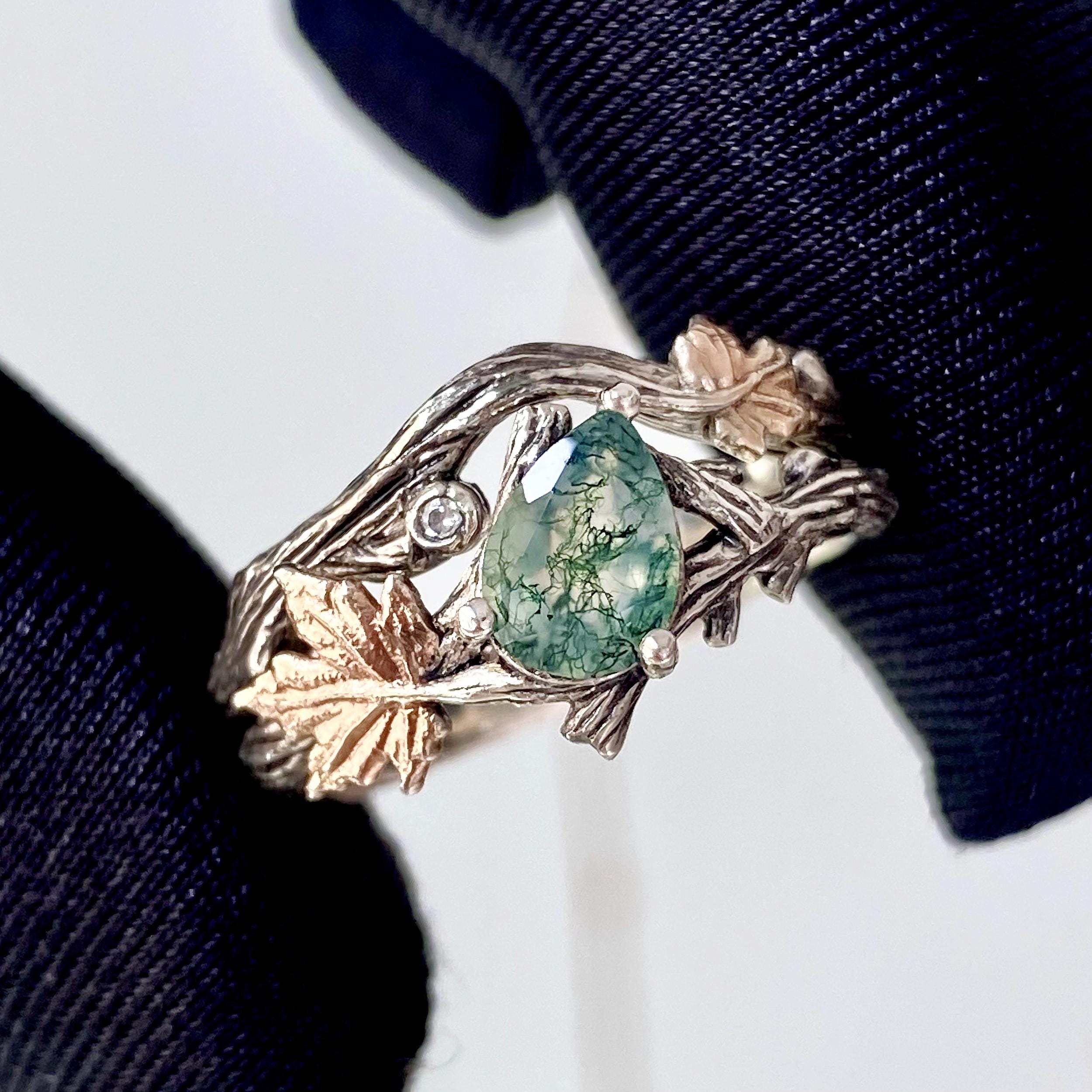 Sterling silver natural moss agate branch ring, maple leaf twig ring, engagement ring, solid 14k gold wedding ring, unique bridal ring