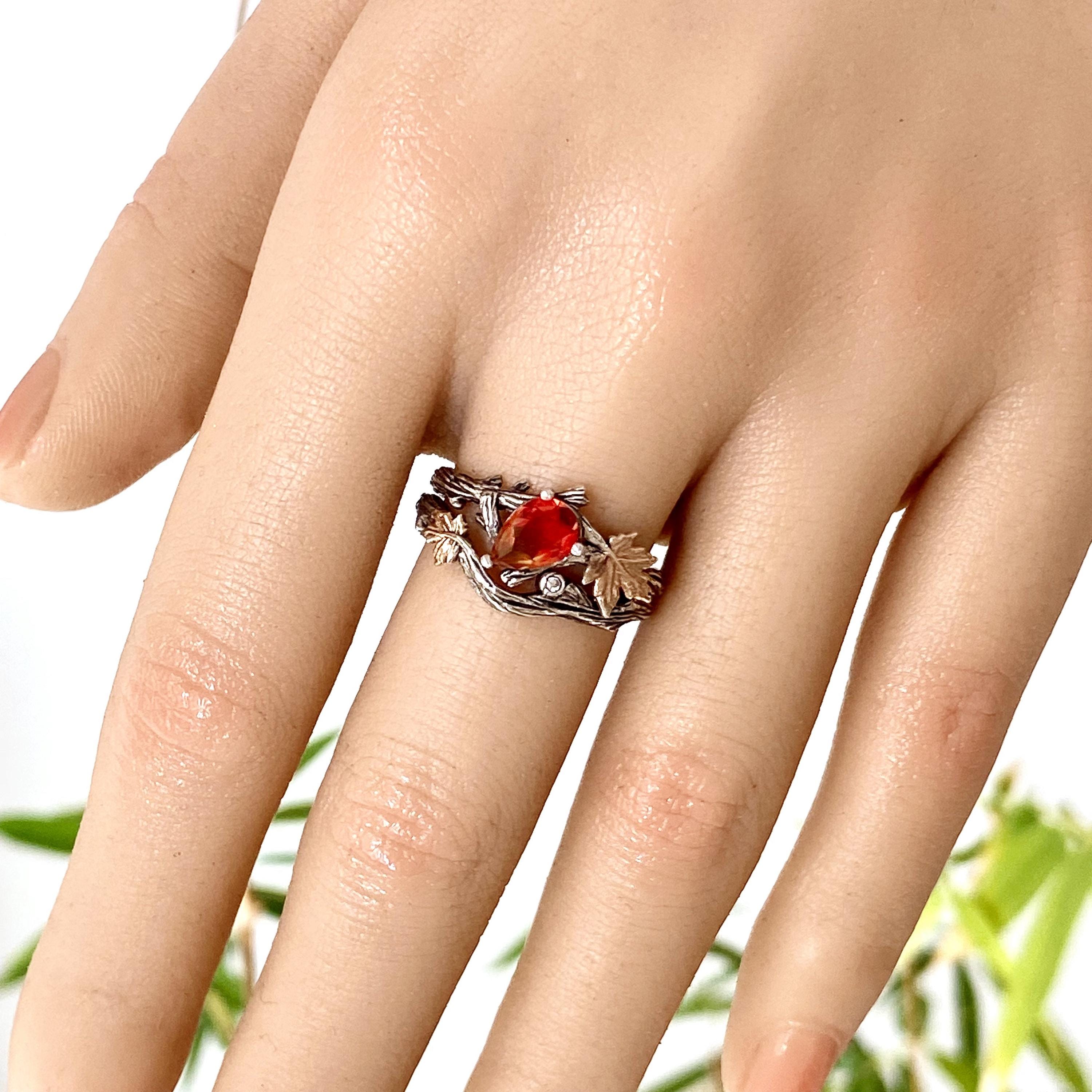 Sterling silver tourmaline tree branch ring, twig maple leaf wedding ring, stacking engagement ring, bridal ring set, twig ring with stone