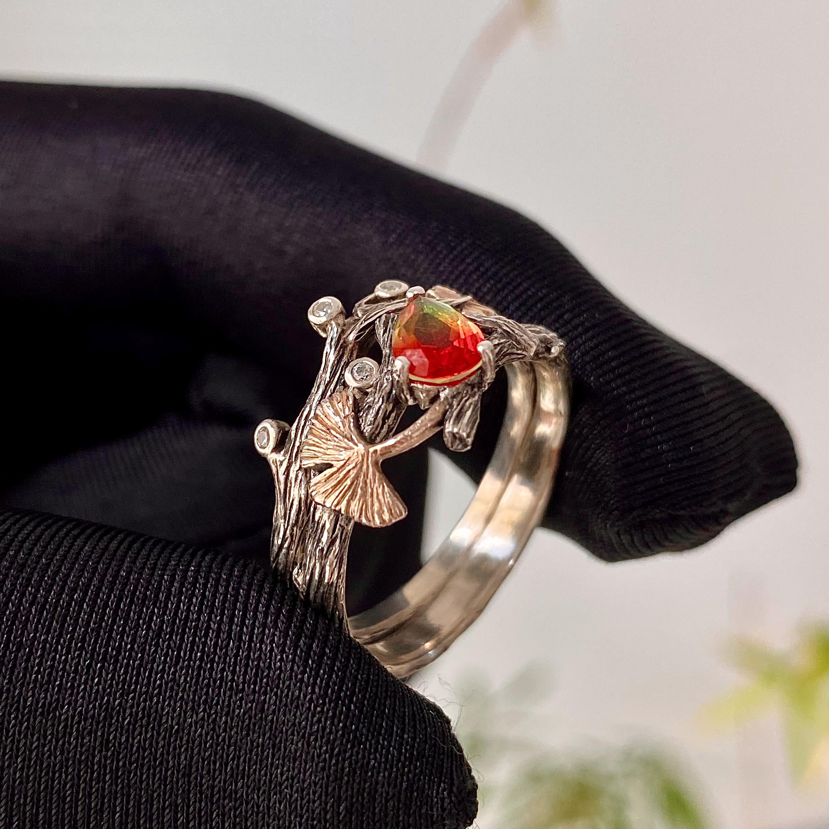 Twig Ring Set Wedding Watermelon Tourmaline Jewelry, Tourmaline Engagement Ring Set, Stacking Ring Sterling Silver, Ginkgo Leaf Ring