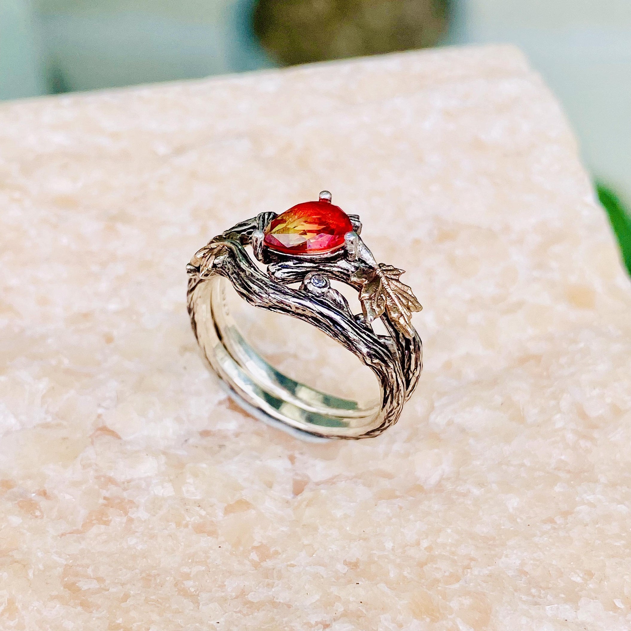 Sterling silver tourmaline tree branch ring, twig maple leaf wedding ring, stacking engagement ring, bridal ring set, twig ring with stone