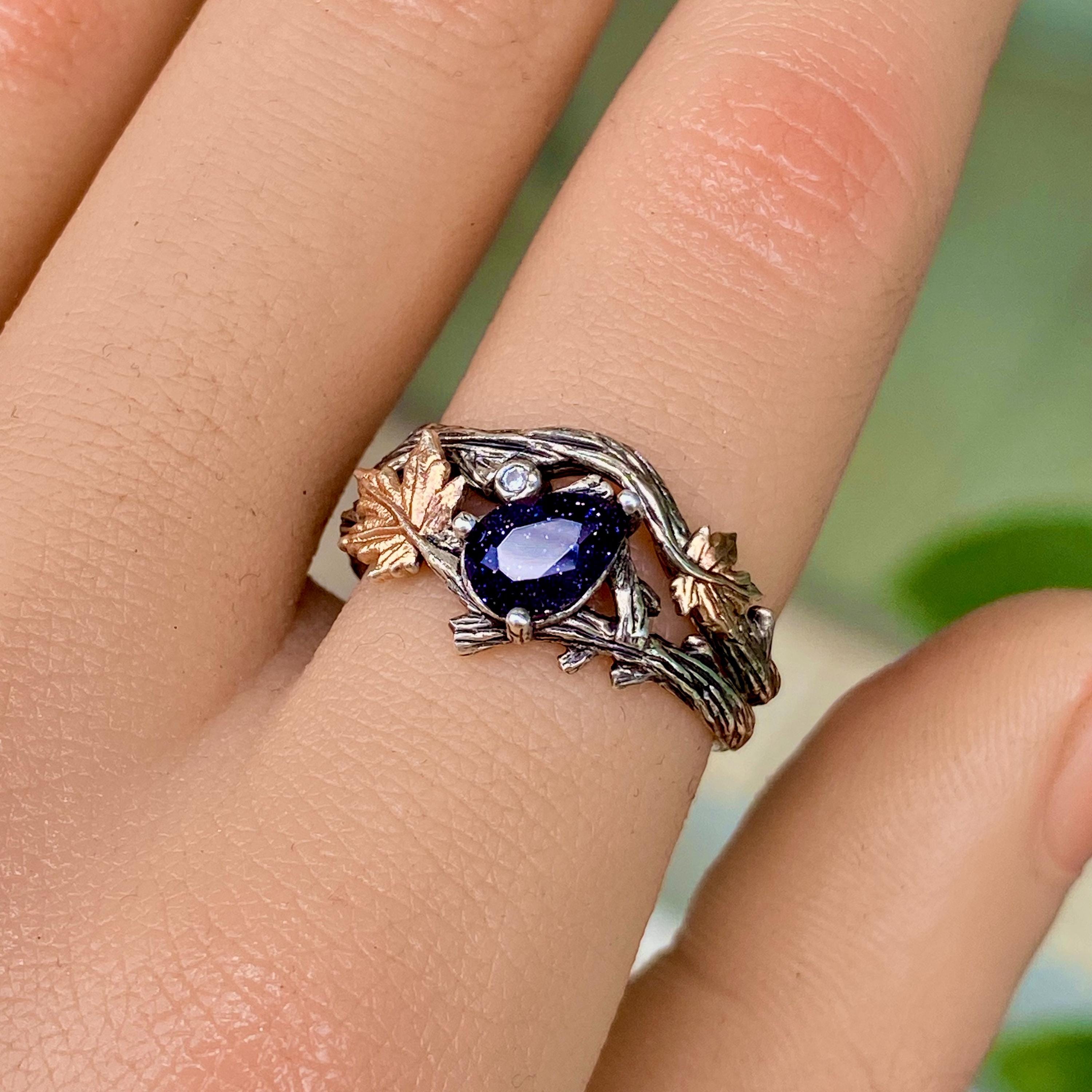 Sterling Silver Blue Sandstone Branch Engagement Ring, Statement twig Ring, Vintage Style Engagement Ring, Nature Inspired Stacking Ring