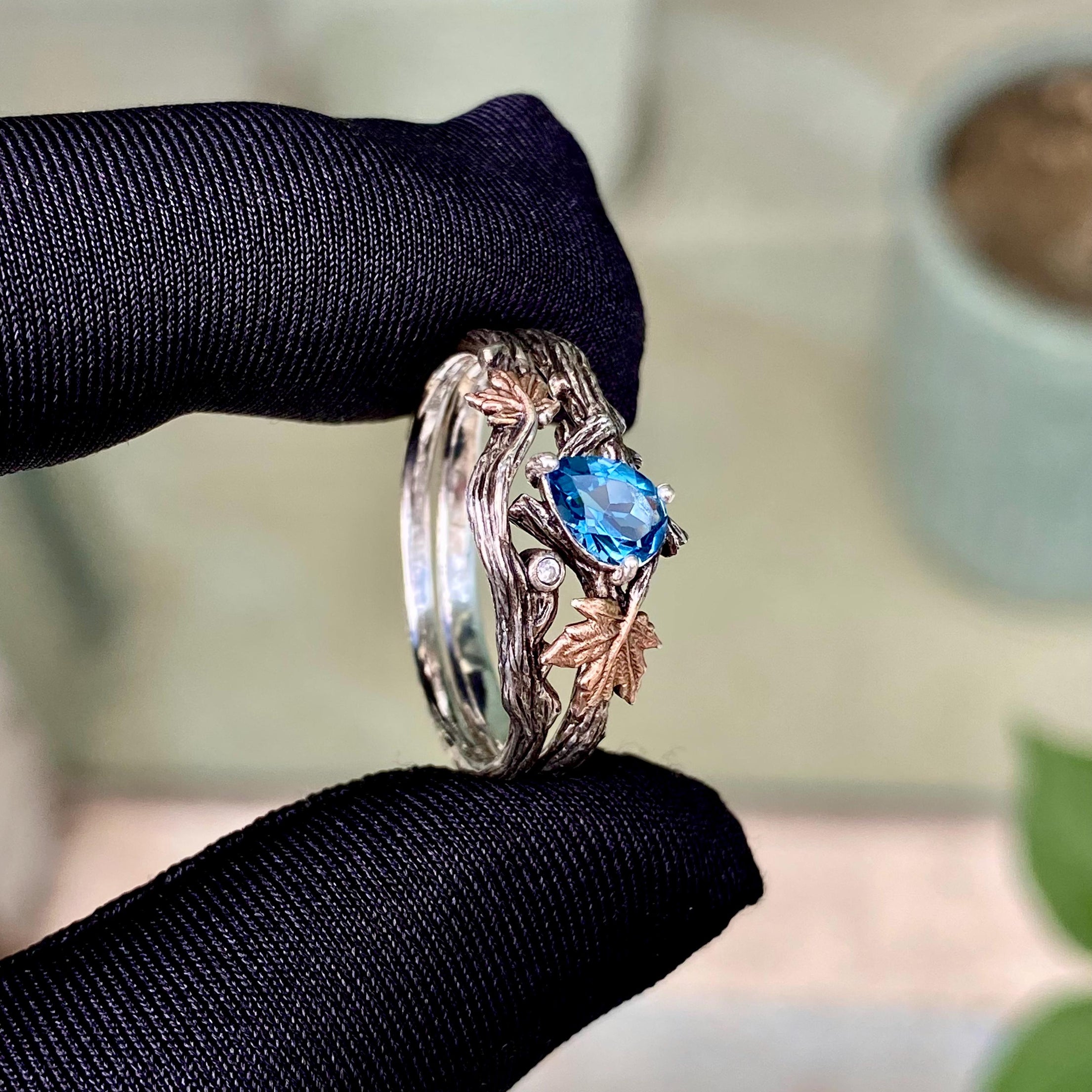Custom Gemstone Sterling Silver Branch Stacking Ring, London Blue Topaz Btwig Ring, Maple Leaf Engagement Ring, Hand Carved Wedding band