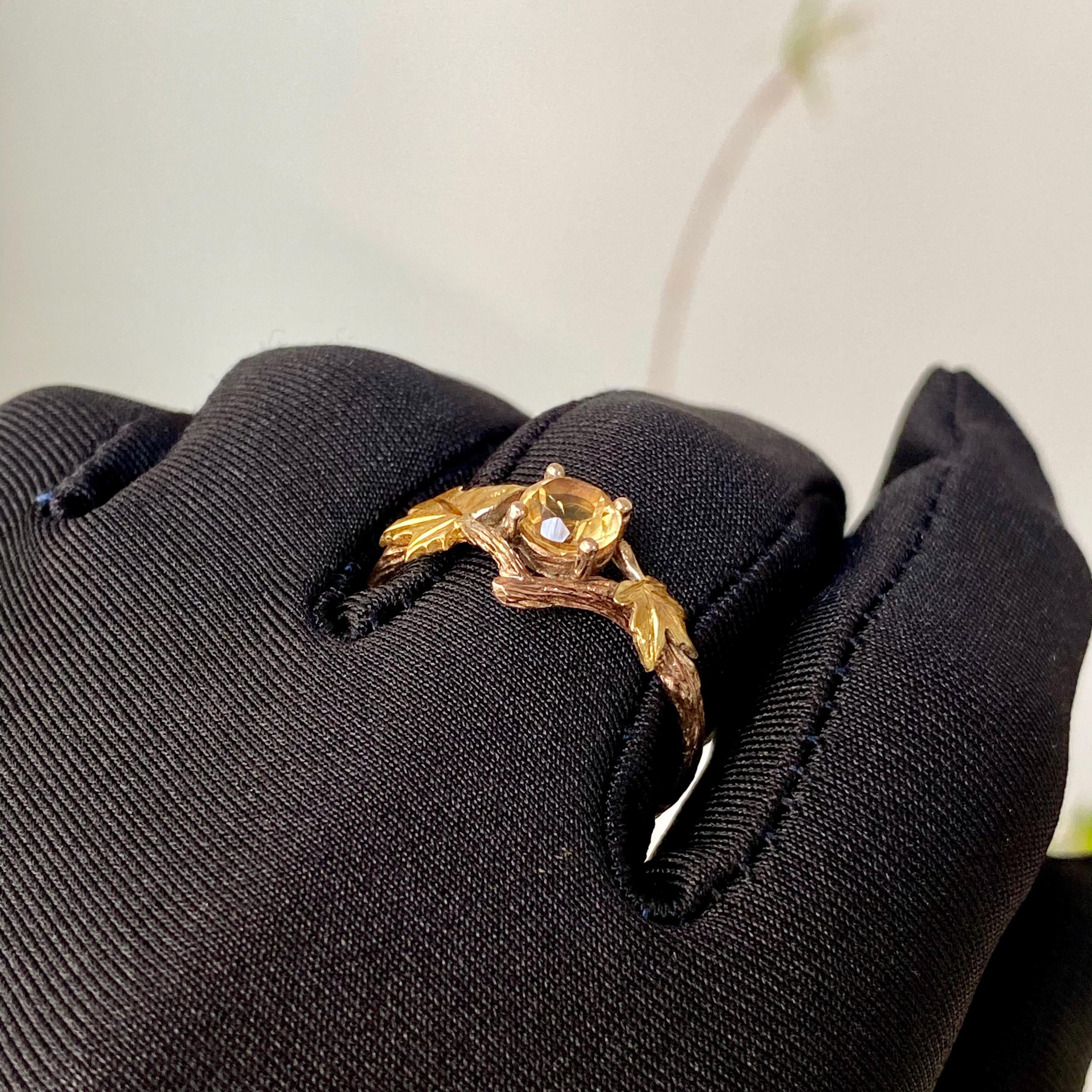 Personalized sterling silver natural citrine twig ring, carved tree branch maple leaf ring, rose gold engagement ring, wedding promise ring