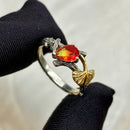 Custom gemstone sterling silver branch wedding ring, watermelon tourmaline ginkgo leaf ring, hand-carved tree pattern ring, promise ring